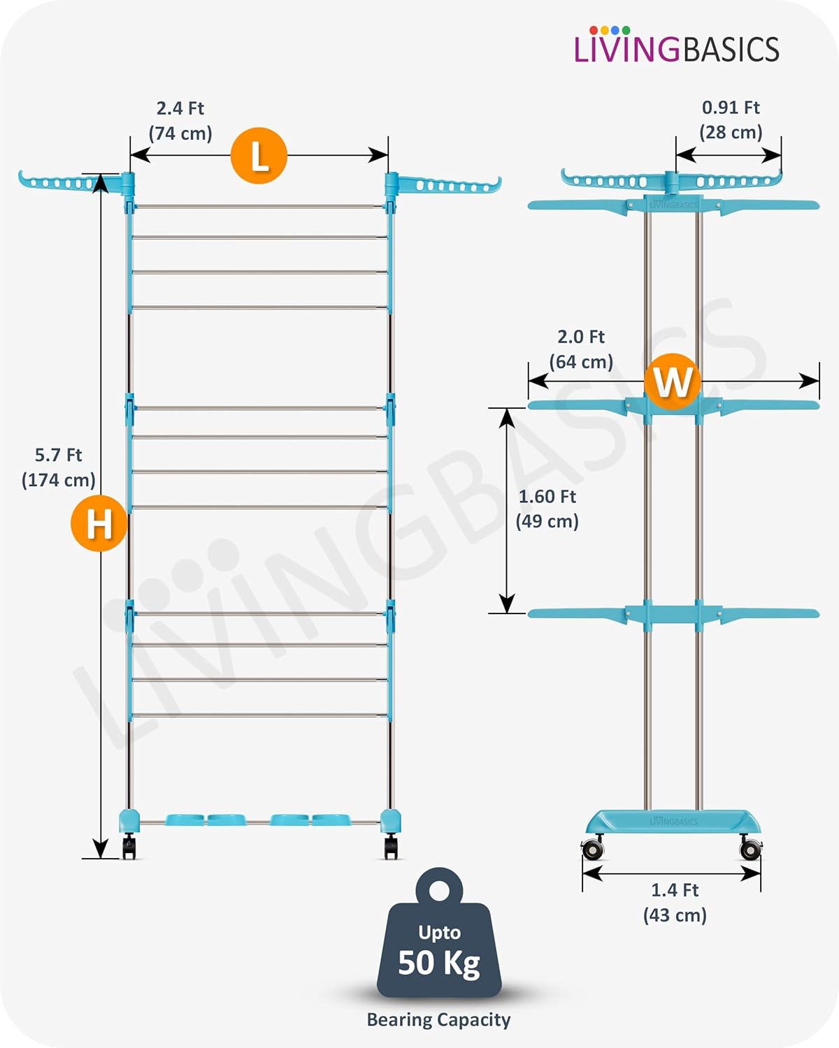 LIVINGBASICS 4 Shoe Drying Shelves with 3 Layer Clothes Stand for Drying/Cloth Drying Stand/Cloth Stand for Drying Clothes/Cloth Drying Stand for Balcony/Stainless Steel Dryer Rack (Cyan Blue)