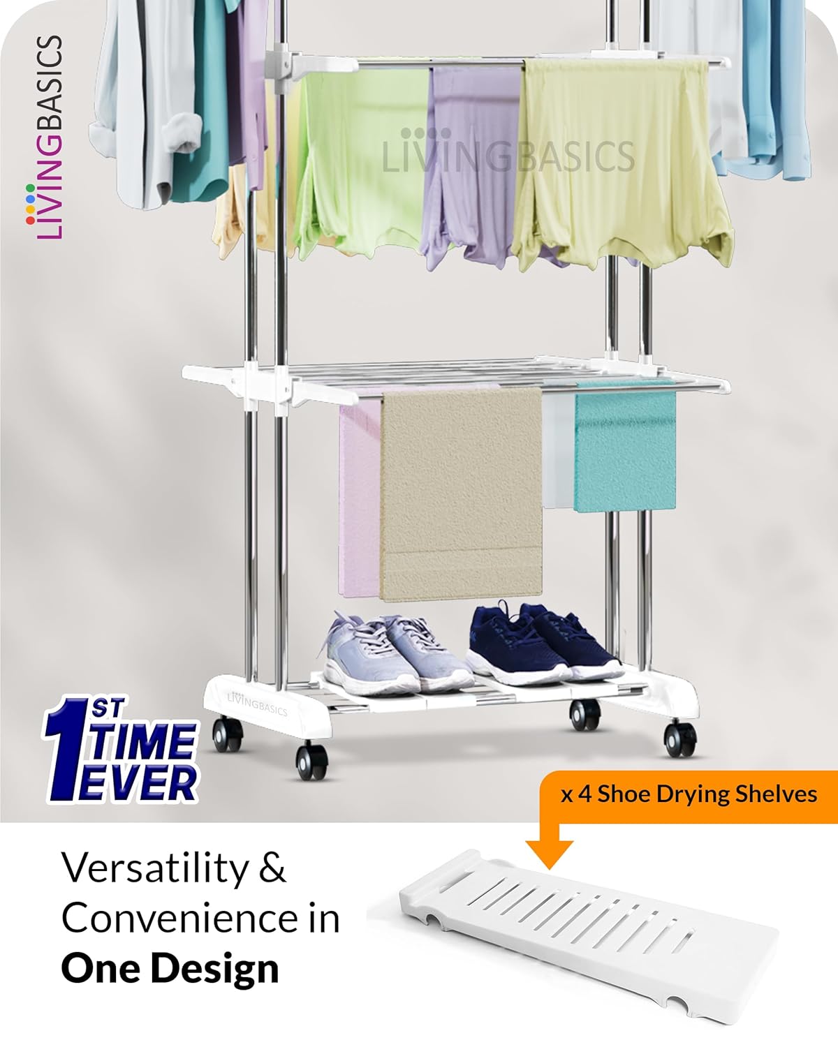 LIVINGBASICS 4 Shoe Drying Shelves with 3 Layer Clothes Stand for Drying/Cloth Drying Stand/Cloth Stand for Drying Clothes/Cloth Drying Stand for Balcony/Stainless Steel Dryer Rack (Snow White)