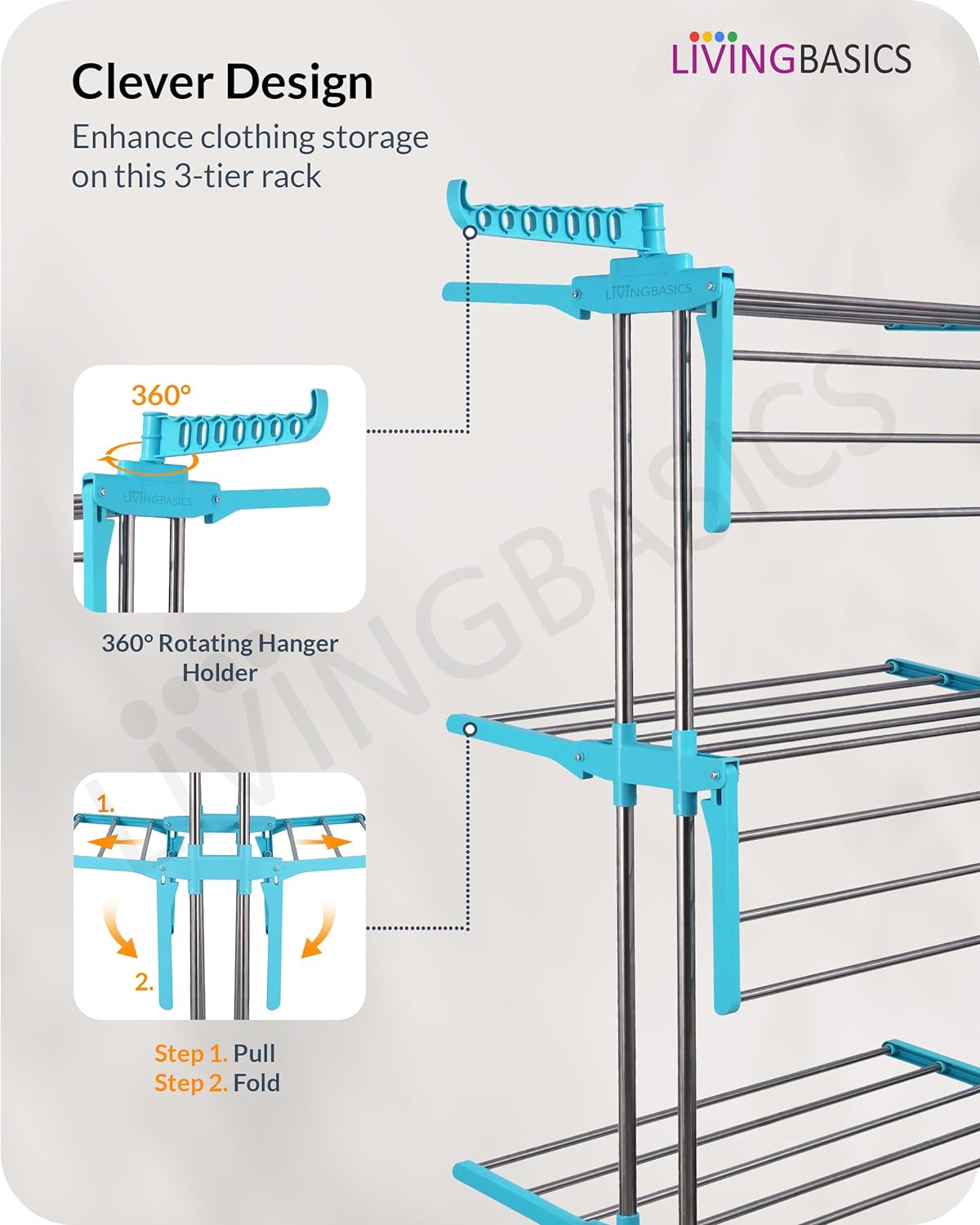 LIVINGBASICS 4 Shoe Drying Shelves with 3 Layer Clothes Stand for Drying/Cloth Drying Stand/Cloth Stand for Drying Clothes/Cloth Drying Stand for Balcony/Stainless Steel Dryer Rack (Cyan Blue)