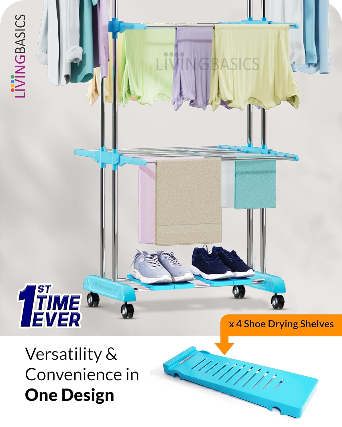 LIVINGBASICS 4 Shoe Drying Shelves with 3 Layer Clothes Stand for Drying/Cloth Drying Stand/Cloth Stand for Drying Clothes/Cloth Drying Stand for Balcony/Stainless Steel Dryer Rack (Cyan Blue)