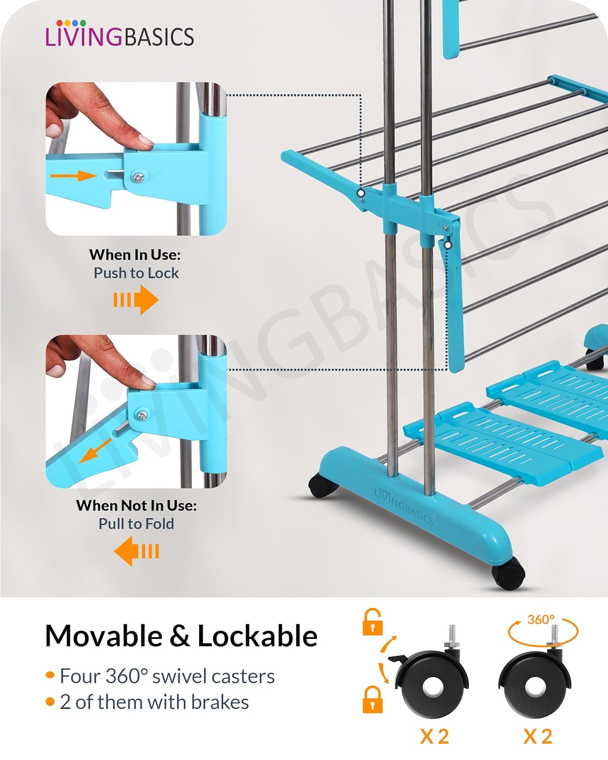 LIVINGBASICS 4 Shoe Drying Shelves with 3 Layer Clothes Stand for Drying/Cloth Drying Stand/Cloth Stand for Drying Clothes/Cloth Drying Stand for Balcony/Stainless Steel Dryer Rack (Cyan Blue)