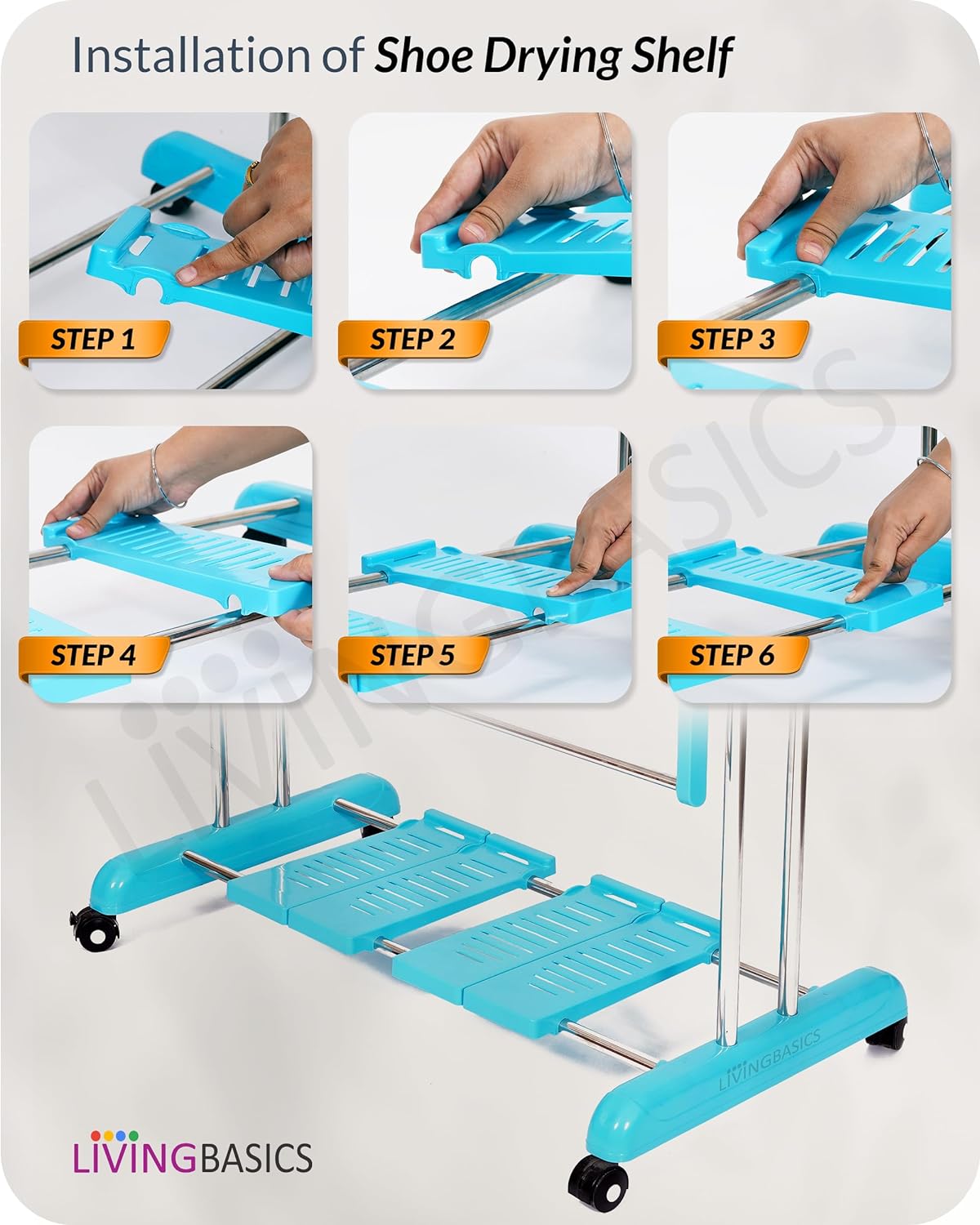 LIVINGBASICS 4 Shoe Drying Shelves with 3 Layer Clothes Stand for Drying/Cloth Drying Stand/Cloth Stand for Drying Clothes/Cloth Drying Stand for Balcony/Stainless Steel Dryer Rack (Cyan Blue)