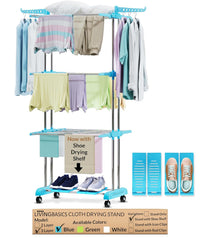 LIVINGBASICS 4 Shoe Drying Shelves with 3 Layer Clothes Stand for Drying/Cloth Drying Stand/Cloth Stand for Drying Clothes/Cloth Drying Stand for Balcony/Stainless Steel Dryer Rack (Cyan Blue)