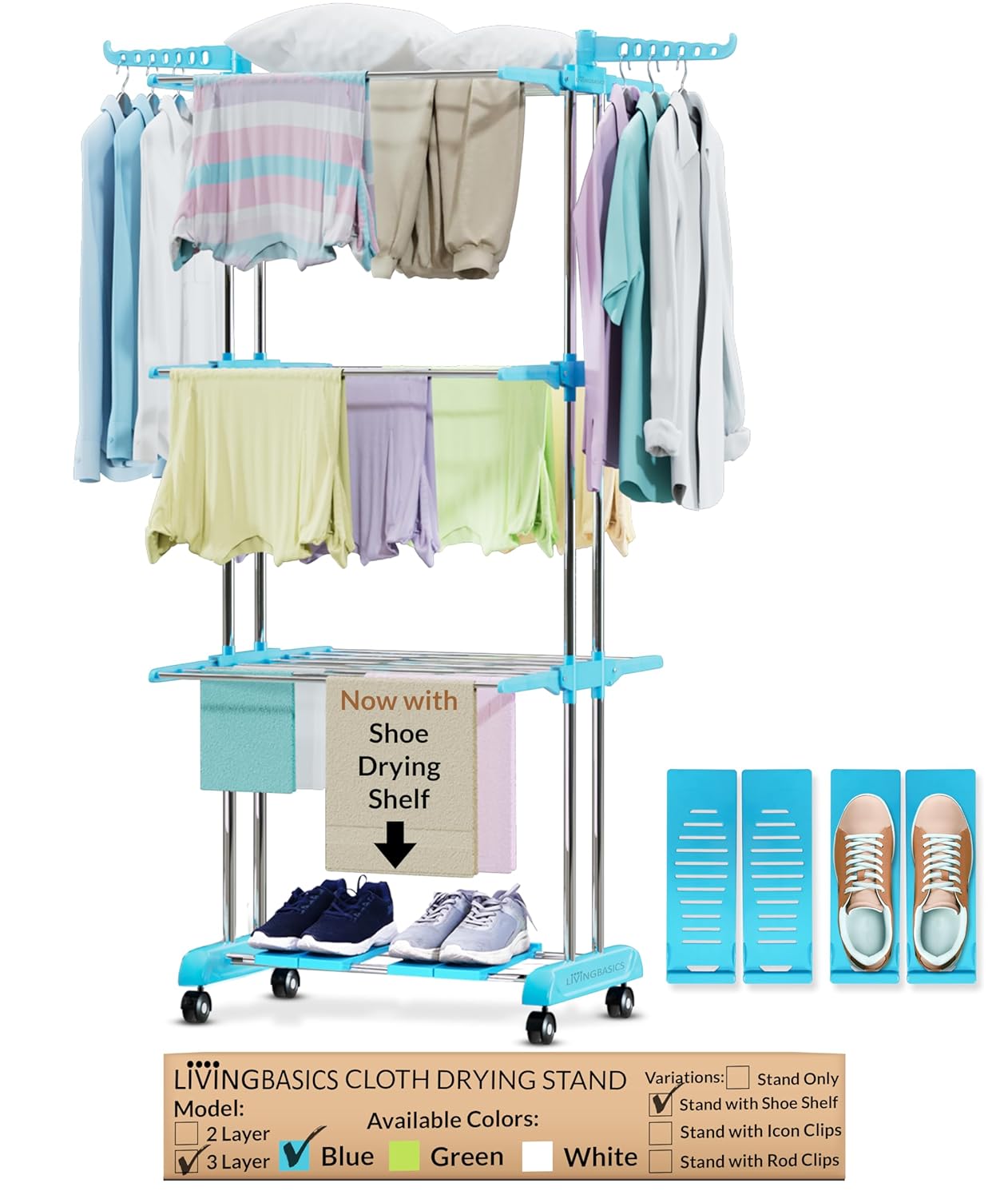 LIVINGBASICS 4 Shoe Drying Shelves with 3 Layer Clothes Stand for Drying/Cloth Drying Stand/Cloth Stand for Drying Clothes/Cloth Drying Stand for Balcony/Stainless Steel Dryer Rack (Cyan Blue)