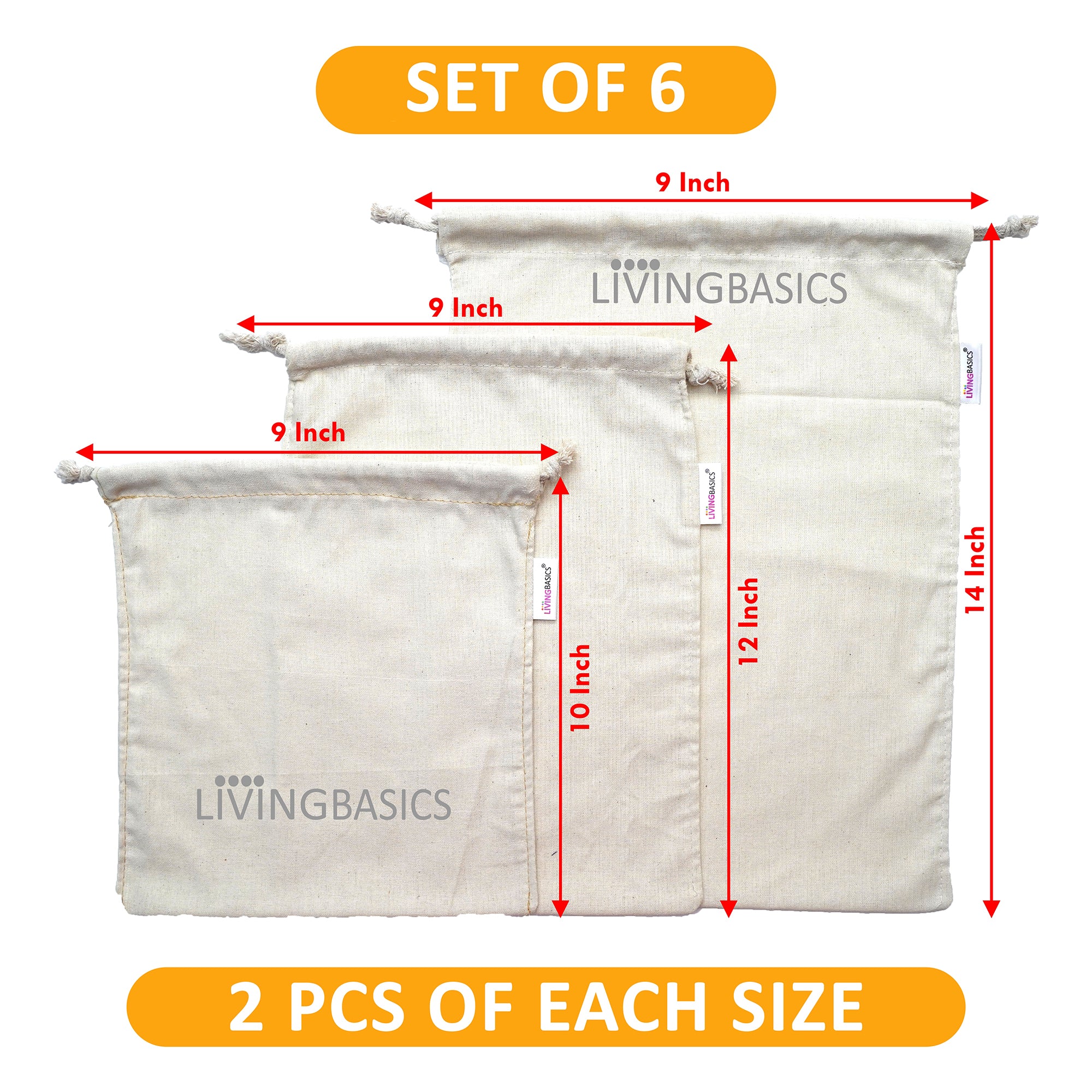 LivingBasics 6 Pieces Premium Cotton Vegetable Storage Bags For Fridge - Vegetables Cover / Covers - Fresh Fruits Pouch / Pouches For Kitchen - Air Circulating Reusable Refrigerator Organizer Bag