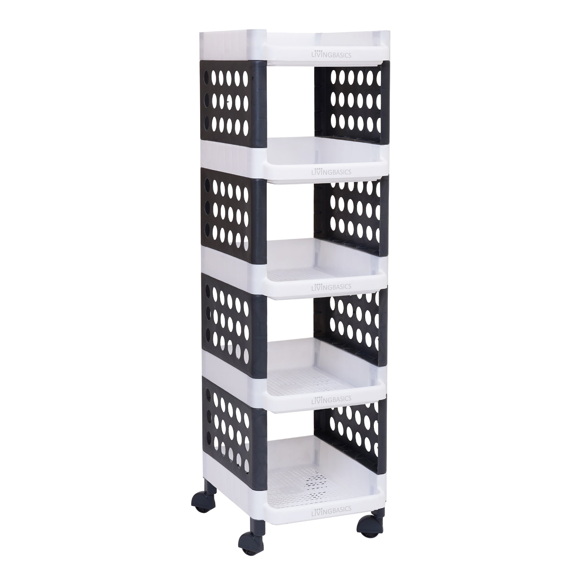 LivingBasics 5 Layer/Tier Multipurpose Plastic Storage Rack/Stand Organizer with Wheels, Space-Saving Utility Trolley for Narrow Places/Kitchen Cart/Vegetable Rack/Corner Shelf/Bedroom/Bathroom/Living Room/Office/Kids Toys (White - Grey)