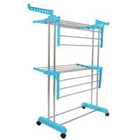LIVINGBASICS Cloth Drying Stand Rust-Free Stainless Steel & ABS 2 Layer Foldable Clothes Dryer Rack / Folding Laundry Dry Stands with Wheels for Home / Indoor / Outdoor / Balcony (Cyan Blue)