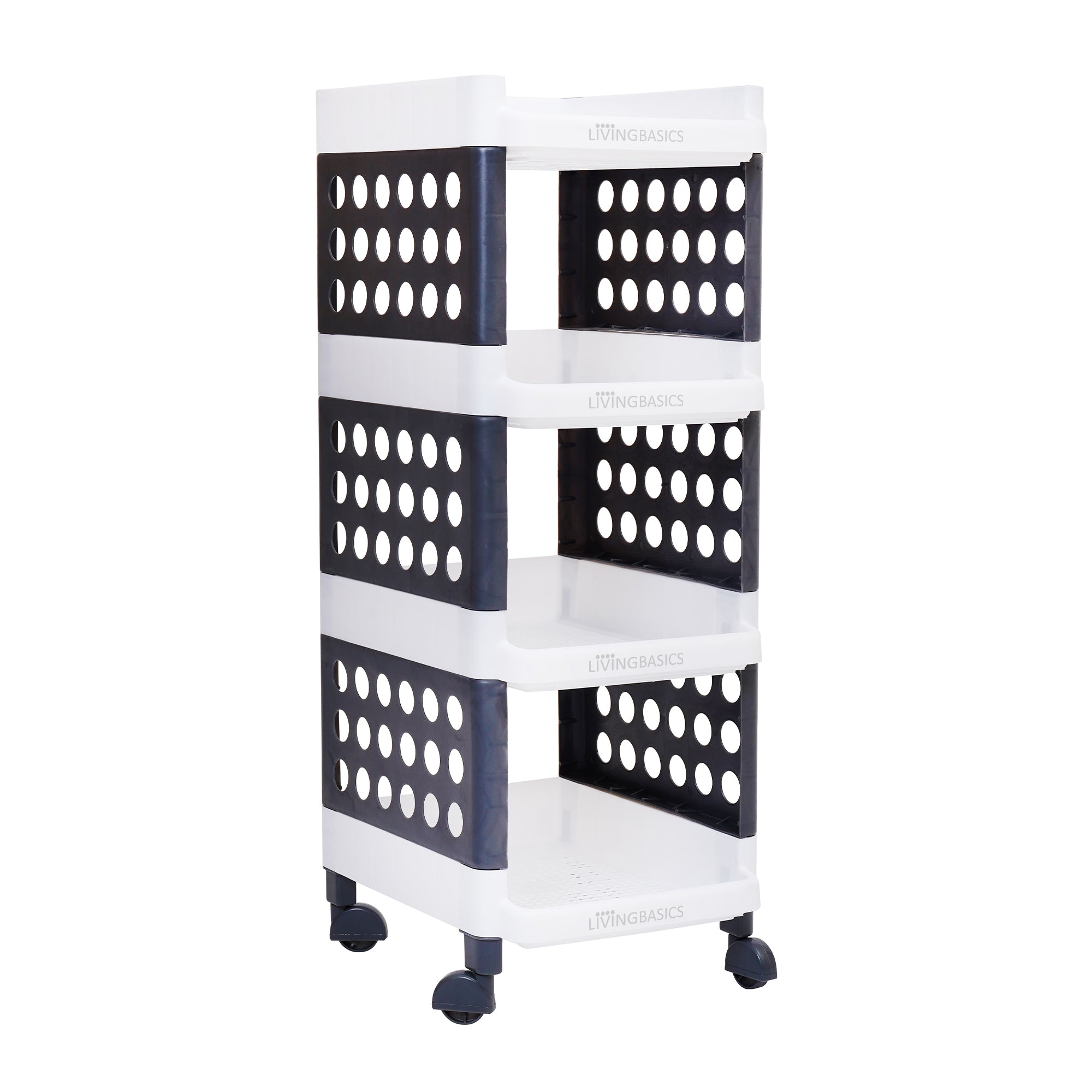 LivingBasics 4 Layer/Tier Multipurpose Plastic Storage Rack/Stand Organizer with Wheels, Space-Saving Utility Trolley for Narrow Places/Kitchen Cart/Vegetable Rack/Corner Shelf/Bedroom/Bathroom/Living Room/Office/Kids Toys (White - Grey)