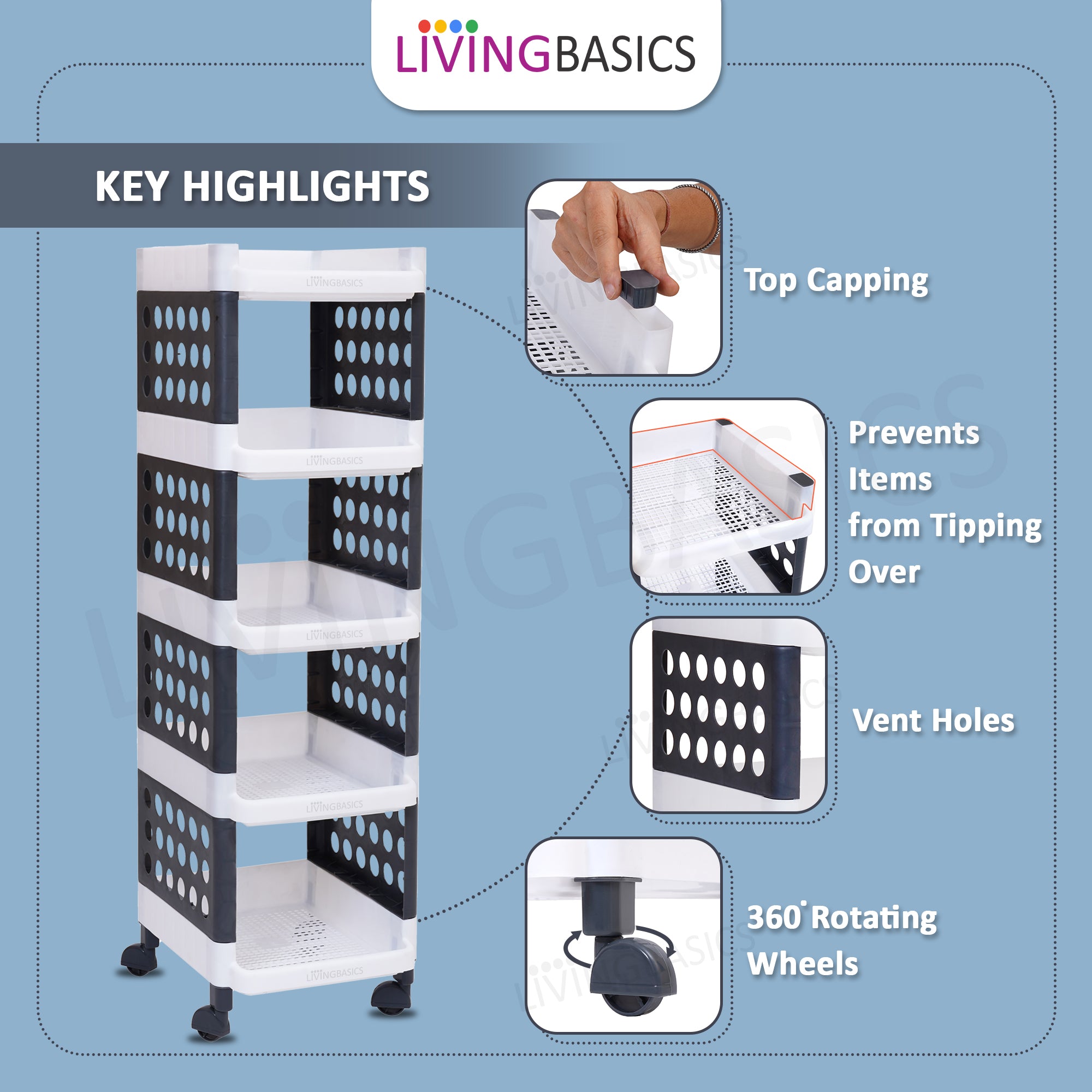 LivingBasics 5 Layer/Tier Multipurpose Plastic Storage Rack/Stand Organizer with Wheels, Space-Saving Utility Trolley for Narrow Places/Kitchen Cart/Vegetable Rack/Corner Shelf/Bedroom/Bathroom/Living Room/Office/Kids Toys (White - Grey)