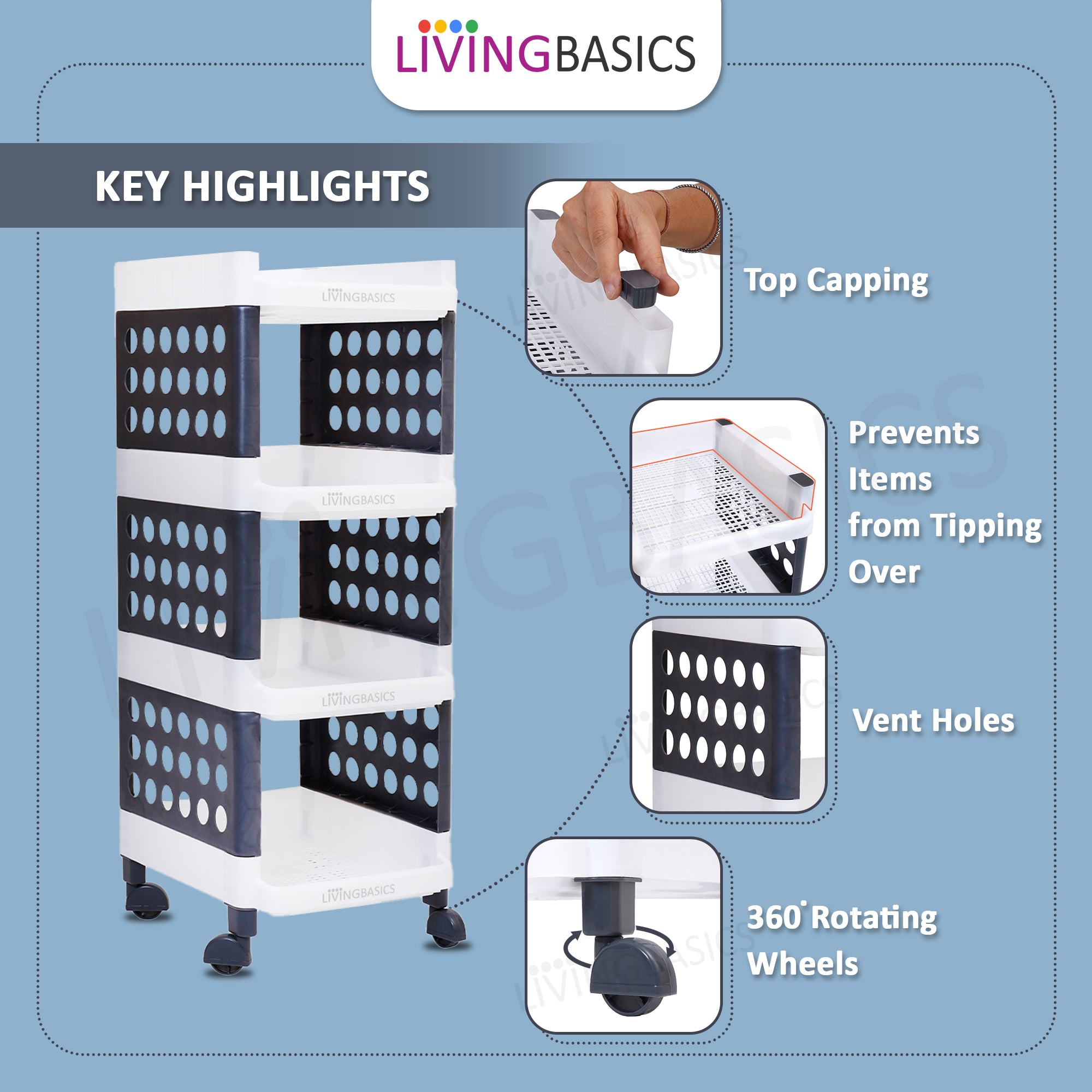 LivingBasics 4 Layer/Tier Multipurpose Plastic Storage Rack/Stand Organizer with Wheels, Space-Saving Utility Trolley for Narrow Places/Kitchen Cart/Vegetable Rack/Corner Shelf/Bedroom/Bathroom/Living Room/Office/Kids Toys (White - Grey)