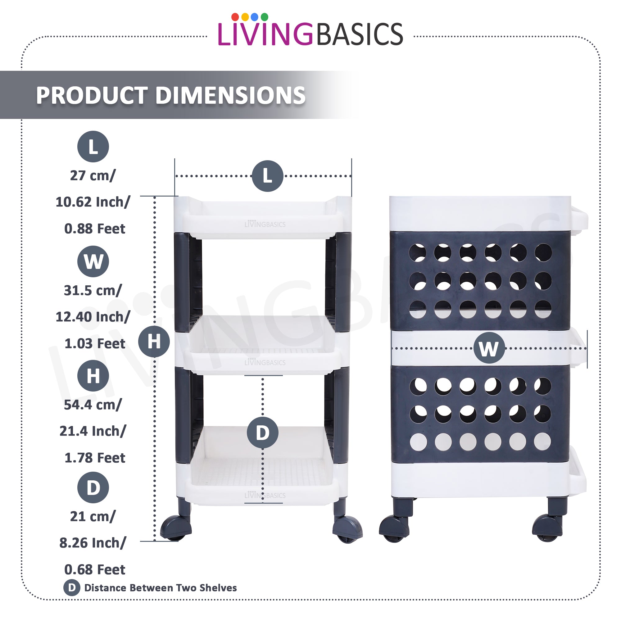 LivingBasics 3 Layer/Tier Multipurpose Plastic Storage Rack/Stand Organizer with Wheels, Space-Saving Utility Trolley for Narrow Places/Kitchen Cart/Vegetable Rack/Corner Shelf/Bedroom/Bathroom/Living Room/Office/Kids Toys (White - Grey)