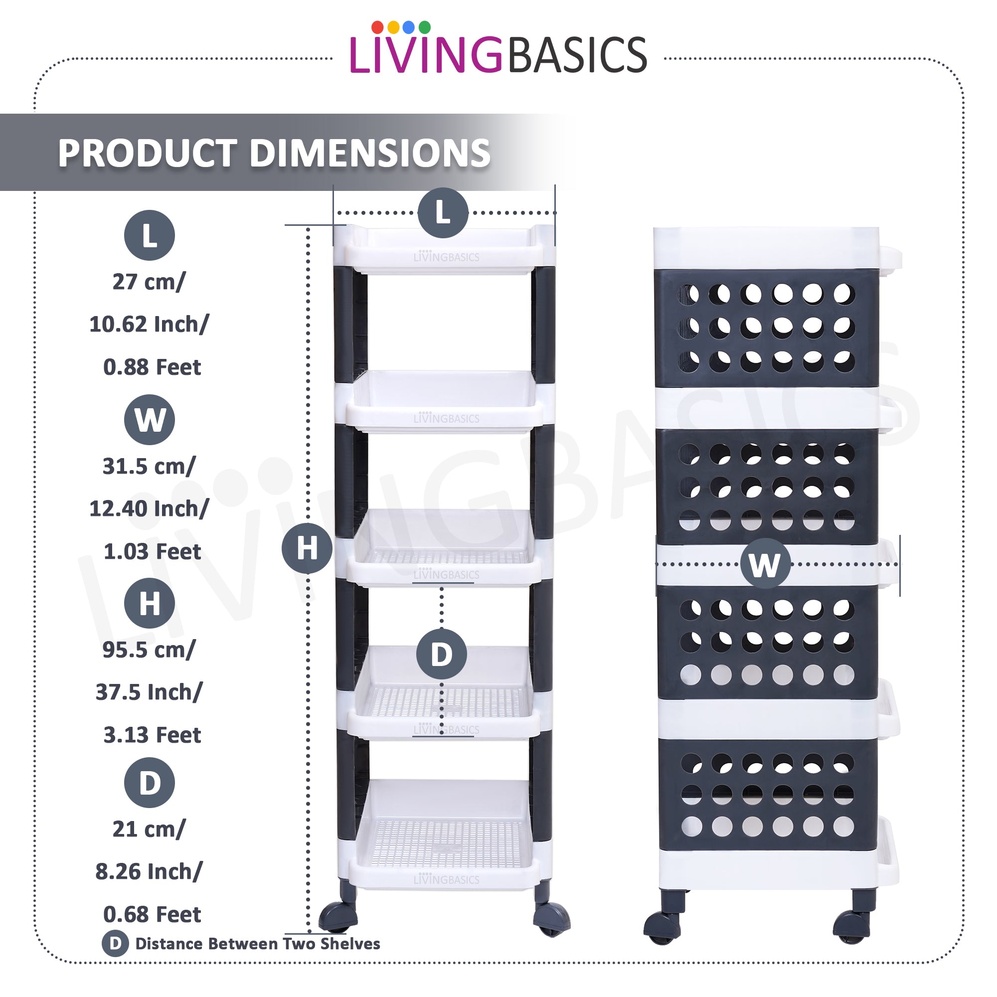 LivingBasics 5 Layer/Tier Multipurpose Plastic Storage Rack/Stand Organizer with Wheels, Space-Saving Utility Trolley for Narrow Places/Kitchen Cart/Vegetable Rack/Corner Shelf/Bedroom/Bathroom/Living Room/Office/Kids Toys (White - Grey)