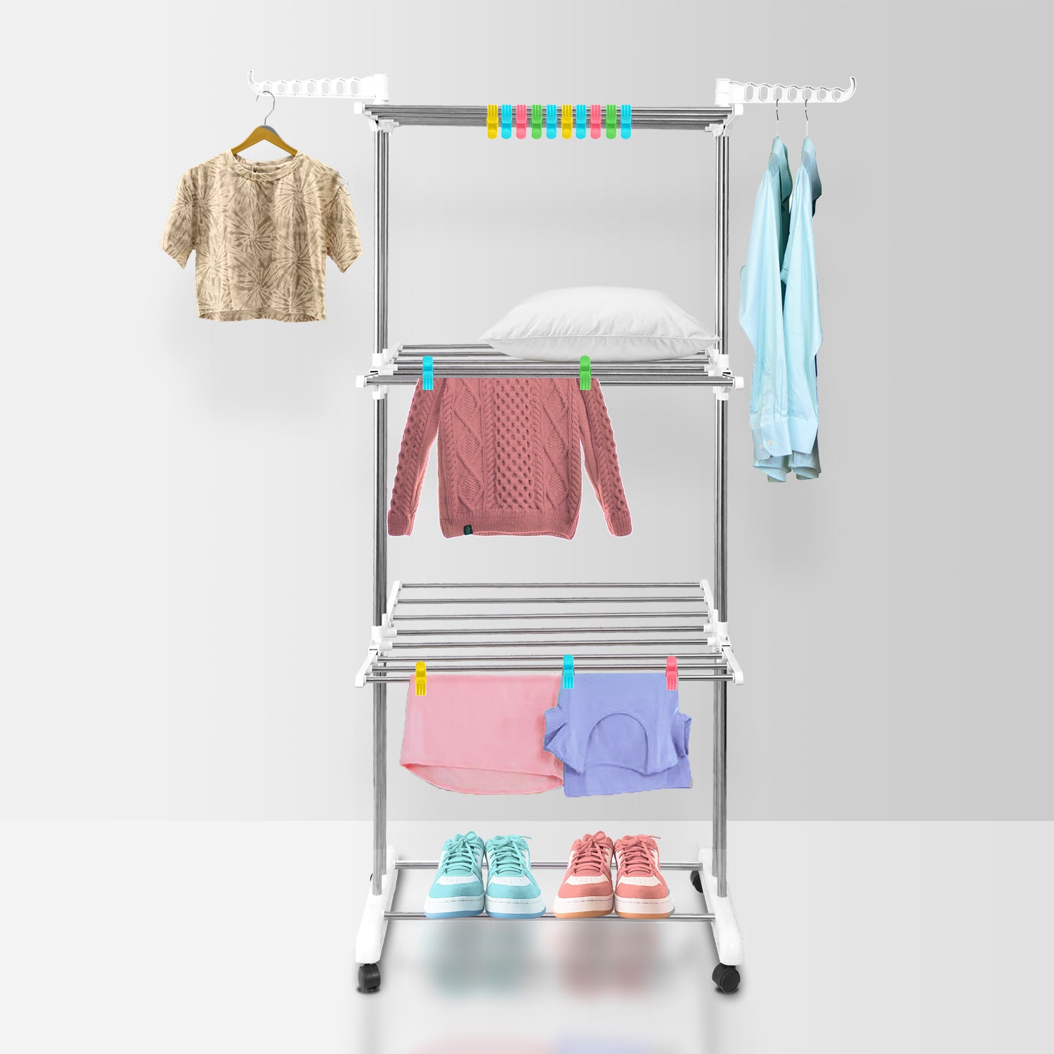 LivingBasics® Heavy Duty Rust-free Double Pole Clothes Drying Racks with Wheels for Indoor/Outdoor/Balcony (COMBO SNOW WHITE+ ROD CLOTH CLIP)(ABS PLASTIC)