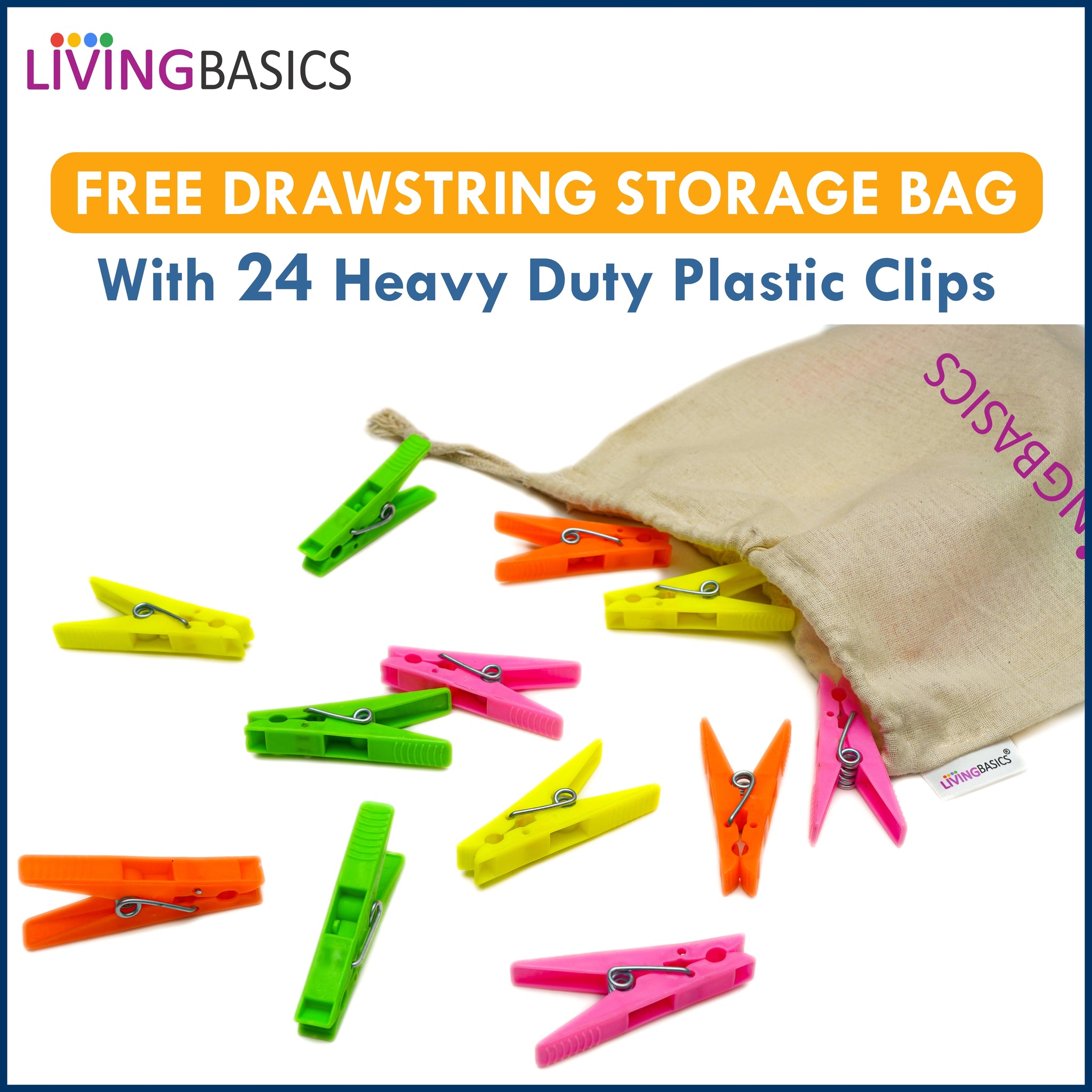 LivingBasics® Heavy Duty Rust Free Cloth Peg/Clothes Clip/Cloth Drying Pins/Pegs for Hanger/Rods/Ropes/Drying Clothes (24 Cloth Clip for Cloth Drying Stand) Plastic (24 Cloth Clips for Rope (M011))