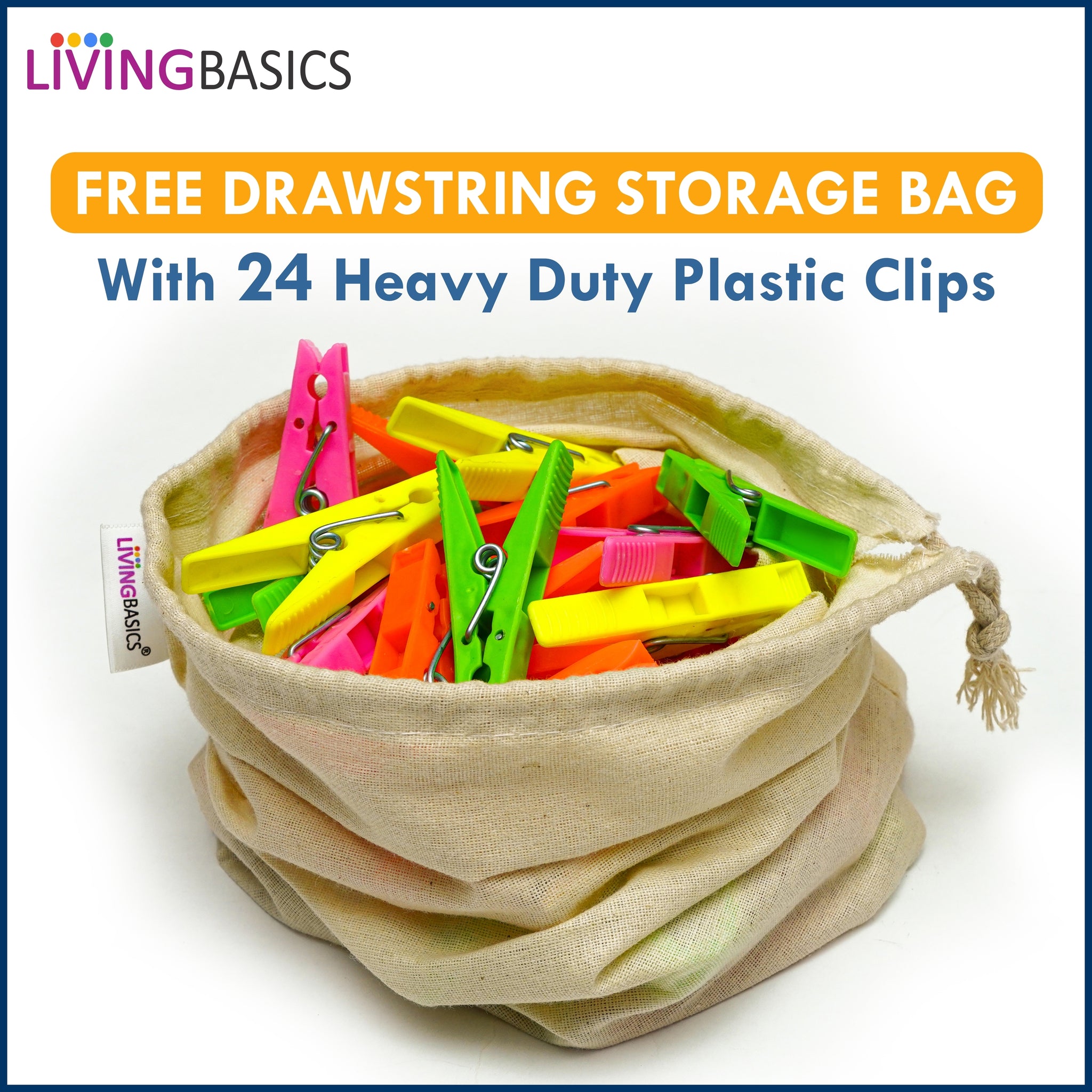 LivingBasics® Heavy Duty Rust Free Cloth Peg/Clothes Clip/Cloth Drying Pins/Pegs for Hanger/Rods/Ropes/Drying Clothes (24 Cloth Clip for Cloth Drying Stand) Plastic (24 Cloth Clips for Rope (M011))