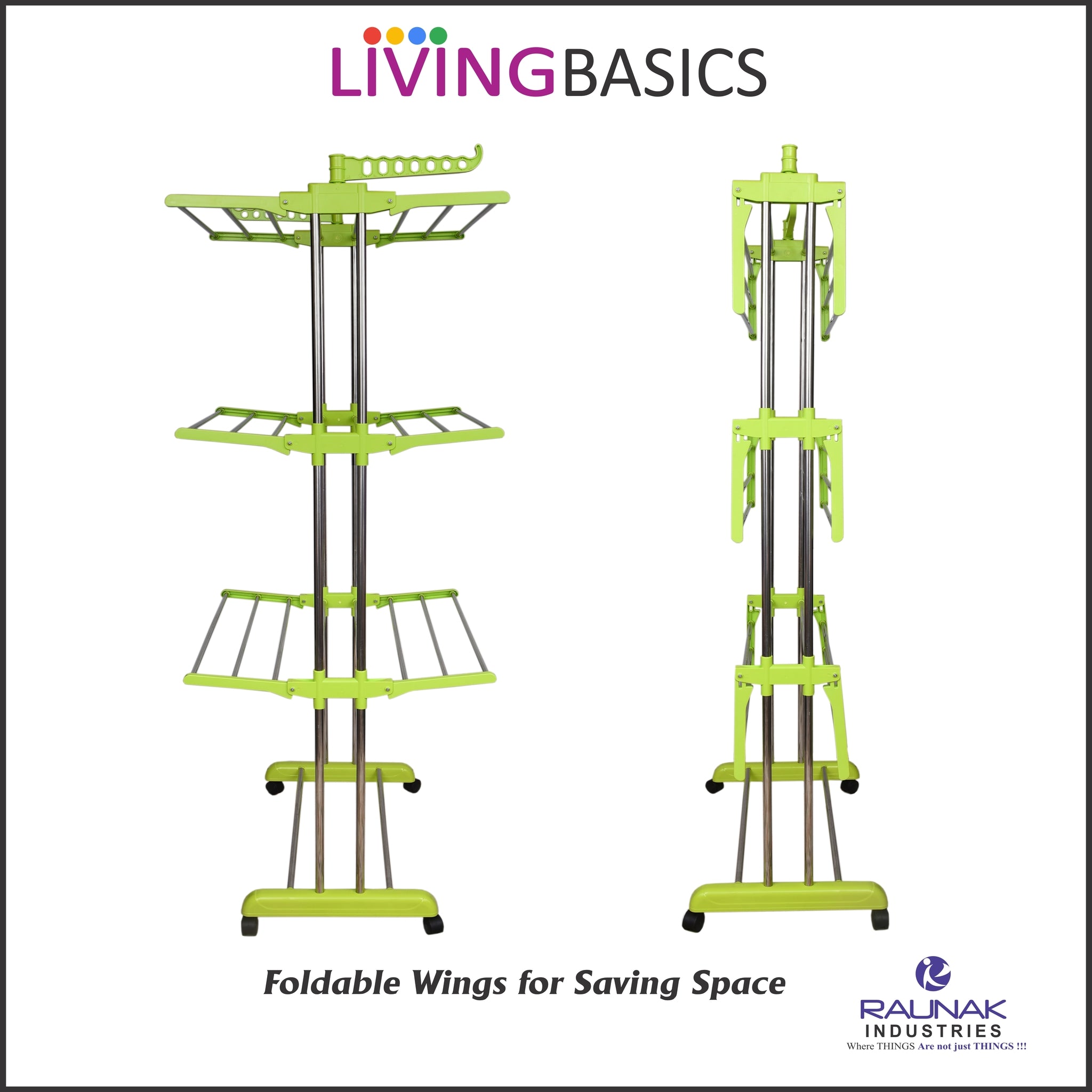 LivingBasics® Heavy Duty Rust-free Double Pole Clothes Drying Racks with Wheels for Indoor/Outdoor/Balcony (COMBO LIME GREEN + ROD CLOTH CLIP)(ABS PLASTIC)