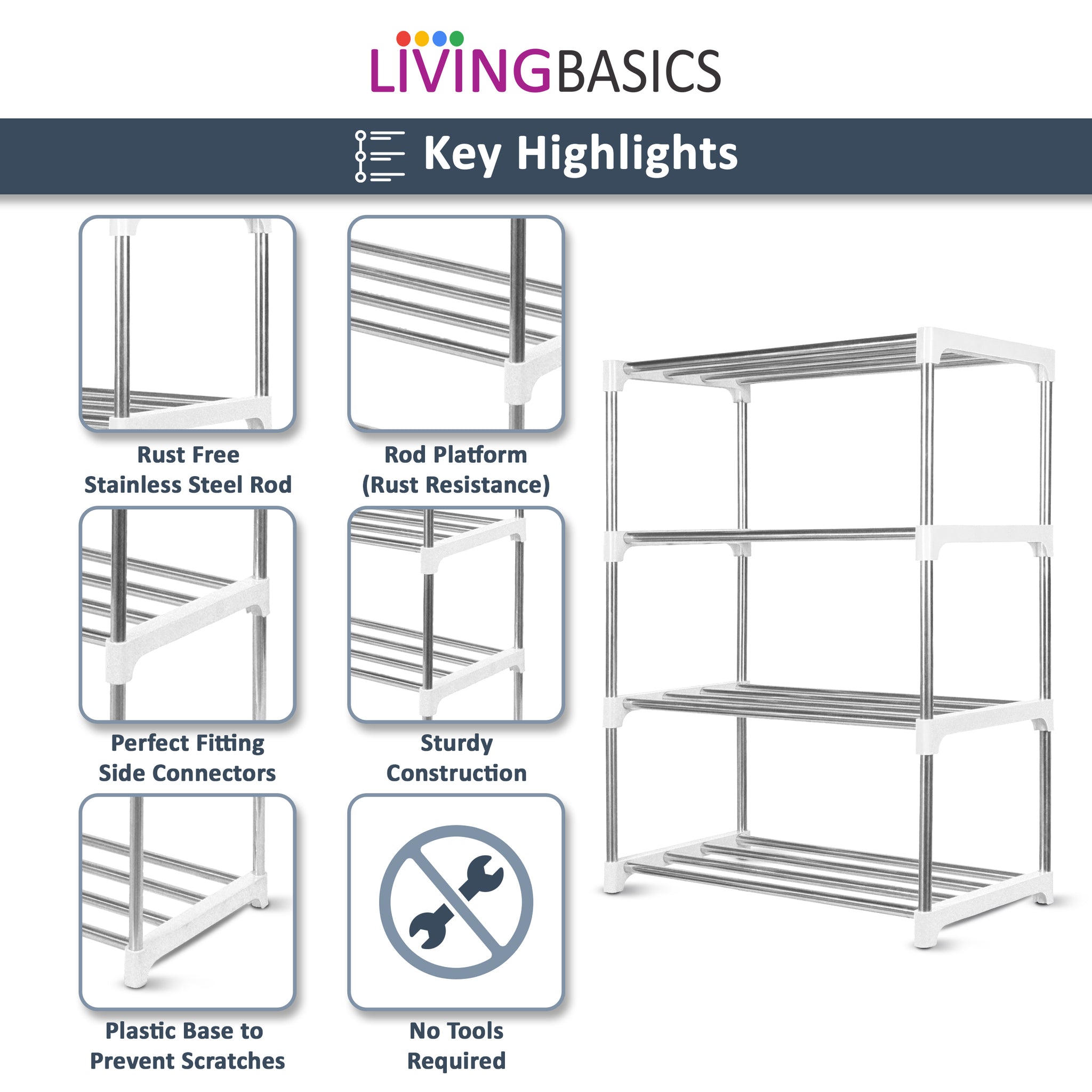 LIVINGBASICS Stainless Steel Multifunctional/Multipurpose Storage Shelves/Rack/Stand for Home/Office/Kitchen/Balcony/Bathroom/Study Room