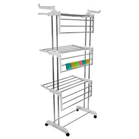 LivingBasics® Heavy Duty Rust-free Double Pole Clothes Drying Racks with Wheels for Indoor/Outdoor/Balcony (COMBO SNOW WHITE+ ROD CLOTH CLIP)(ABS PLASTIC)