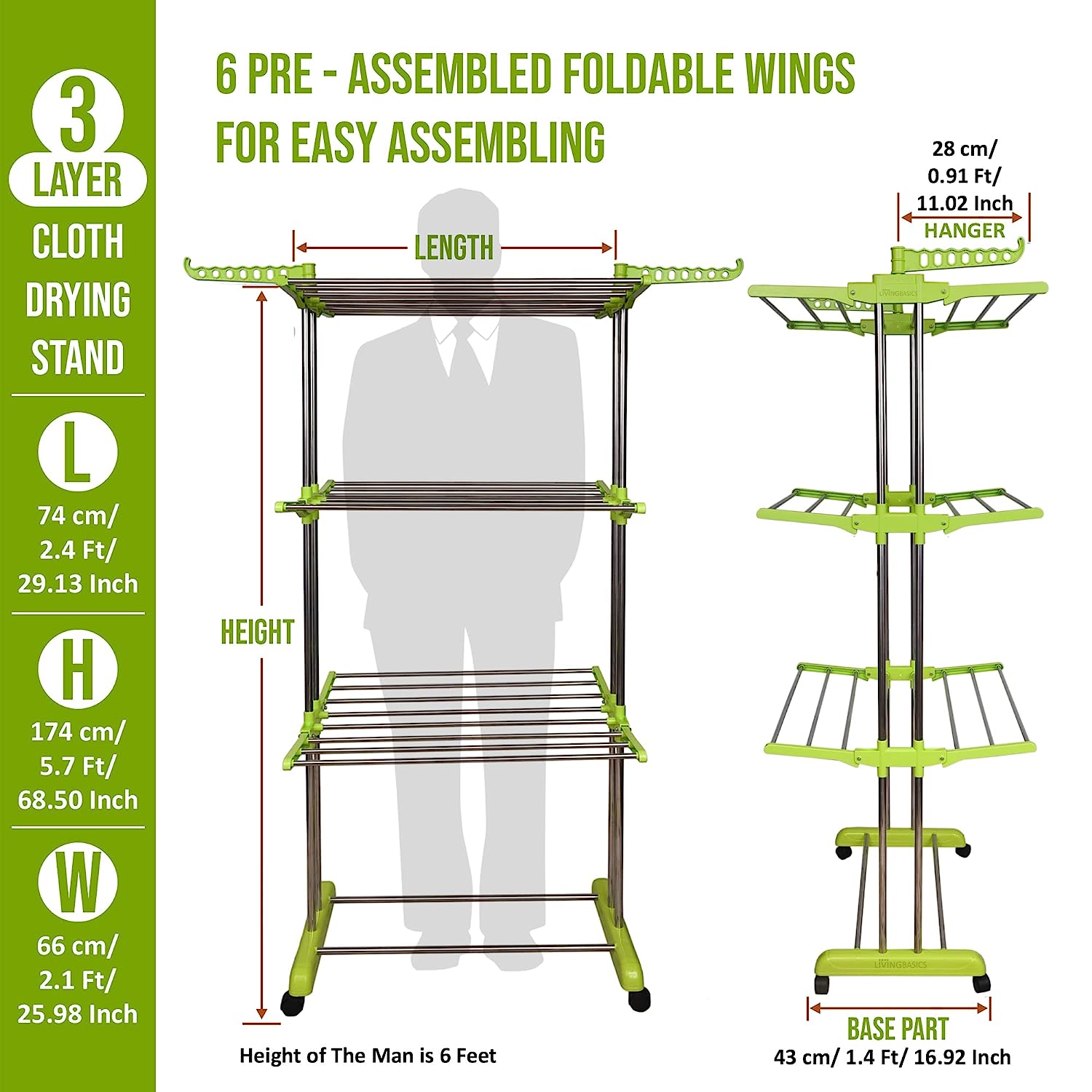 LivingBasics® Heavy Duty Rust-free Double Pole Clothes Drying Racks with Wheels for Indoor/Outdoor/Balcony (COMBO LIME GREEN + ROD CLOTH CLIP)(ABS PLASTIC)