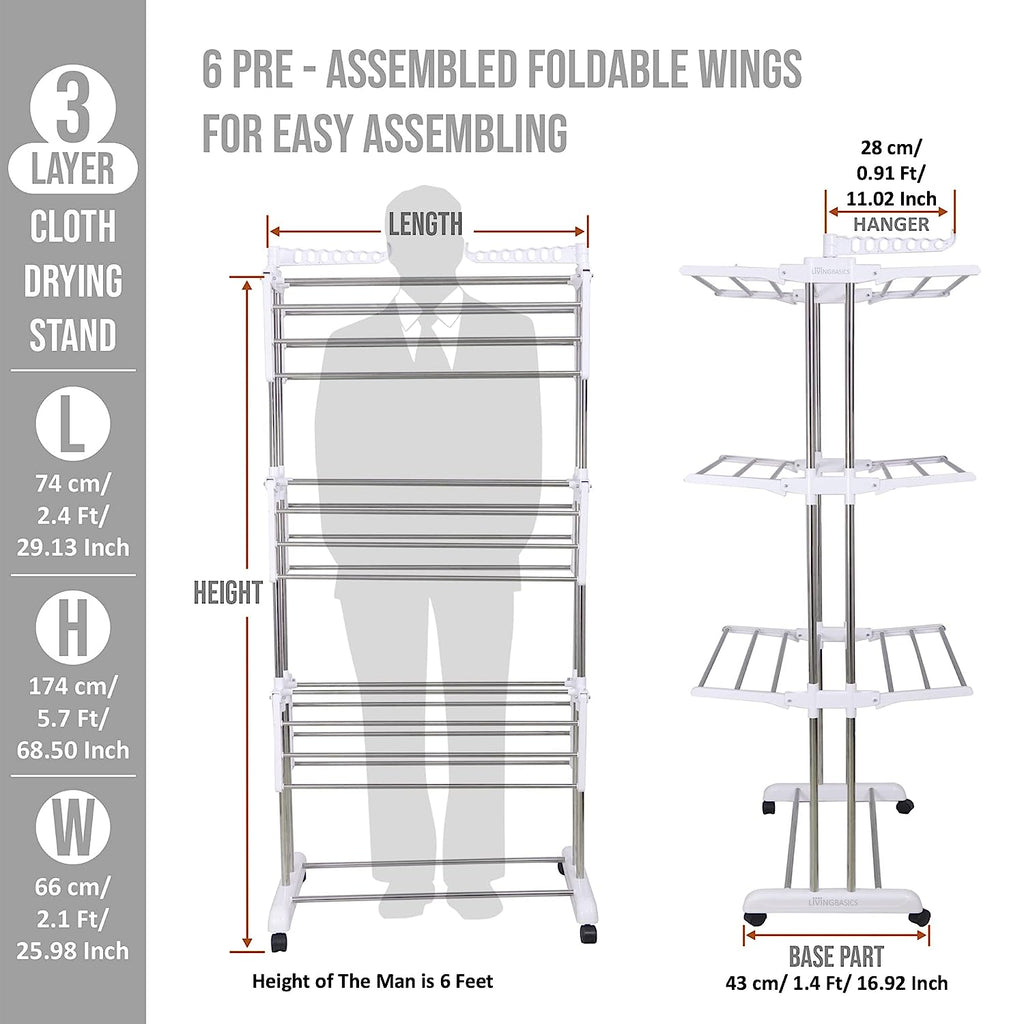 LivingBasics® Heavy Duty Rust-free Double Pole Clothes Drying Racks with Wheels for Indoor/Outdoor/Balcony (COMBO SNOW WHITE  + ICON CLOTH CLIP)