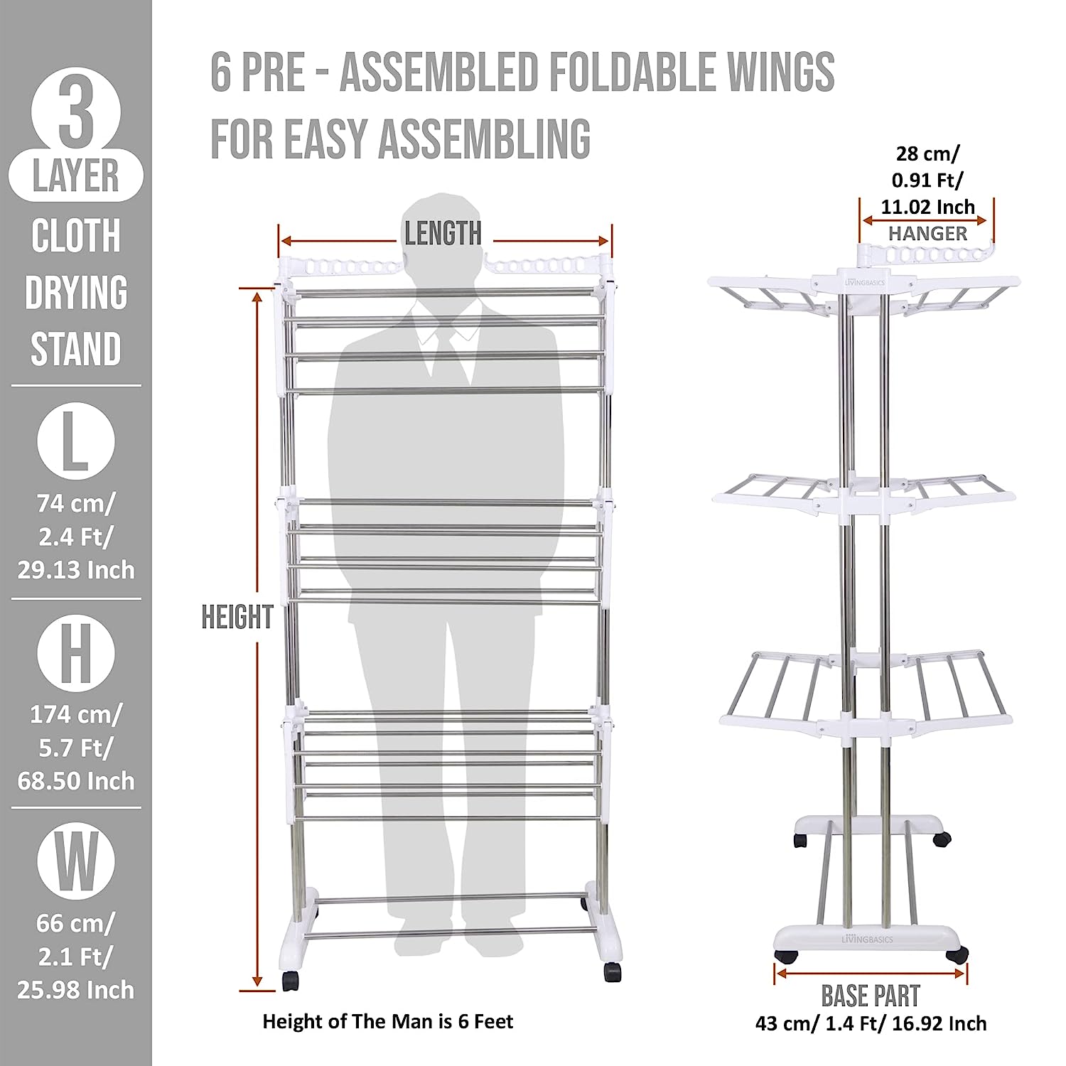 LivingBasics® Heavy Duty Rust-free Double Pole Clothes Drying Racks with Wheels for Indoor/Outdoor/Balcony (COMBO SNOW WHITE  + ICON CLOTH CLIP)