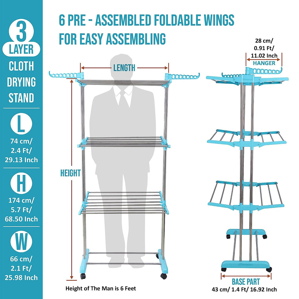 LivingBasics® Heavy Duty Rust-free Double Pole Clothes Drying Racks with Wheels for Indoor/Outdoor/Balcony (COMBO CYAN BLUE + ICON CLOTH CLIP)(ABS PLASTIC)