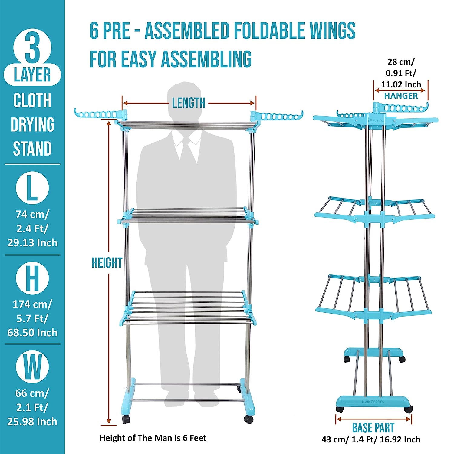 LivingBasics® Heavy Duty Rust-free Double Pole Clothes Drying Racks with Wheels for Indoor/Outdoor/Balcony (COMBO CYAN BLUE + ROD CLOTH CLIP)(ABS PLASTIC)