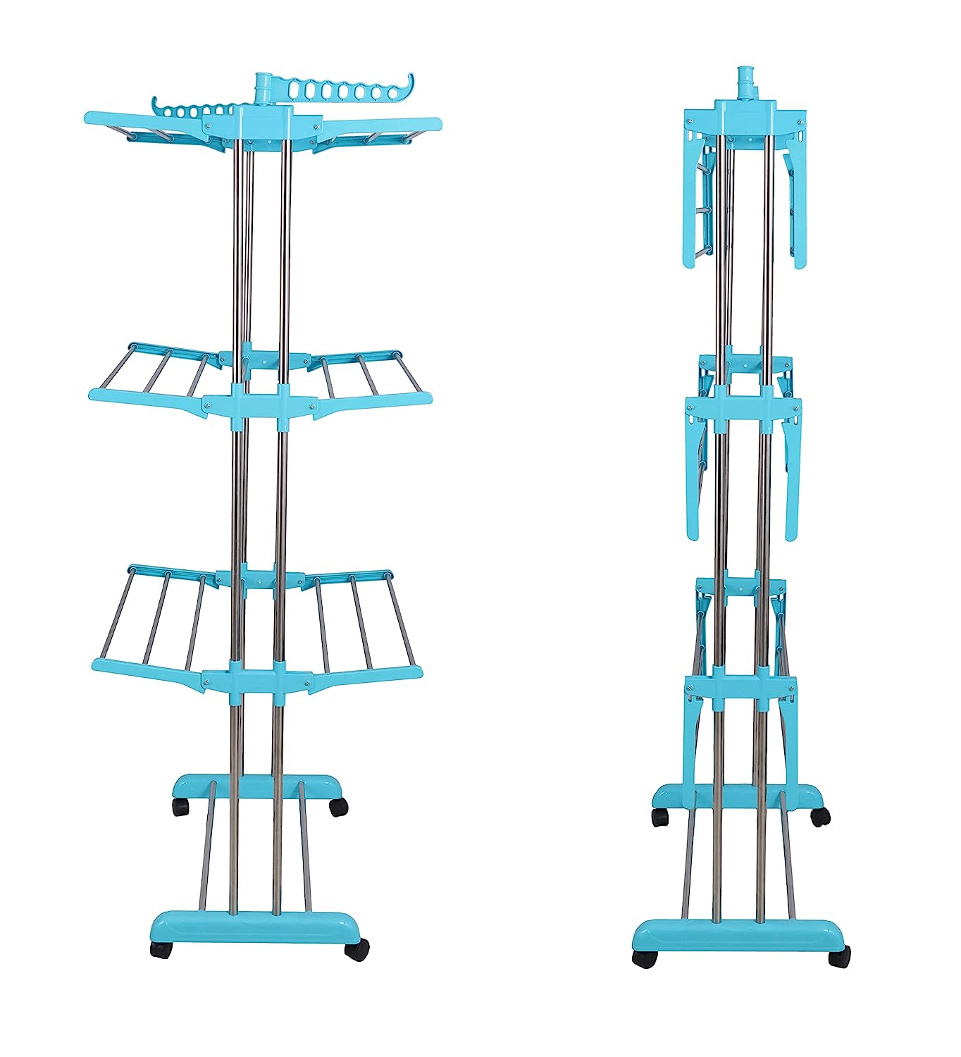LivingBasics® Heavy Duty Rust-free Double Pole Clothes Drying Racks with Wheels for Indoor/Outdoor/Balcony (COMBO CYAN BLUE + ROD CLOTH CLIP)(ABS PLASTIC)