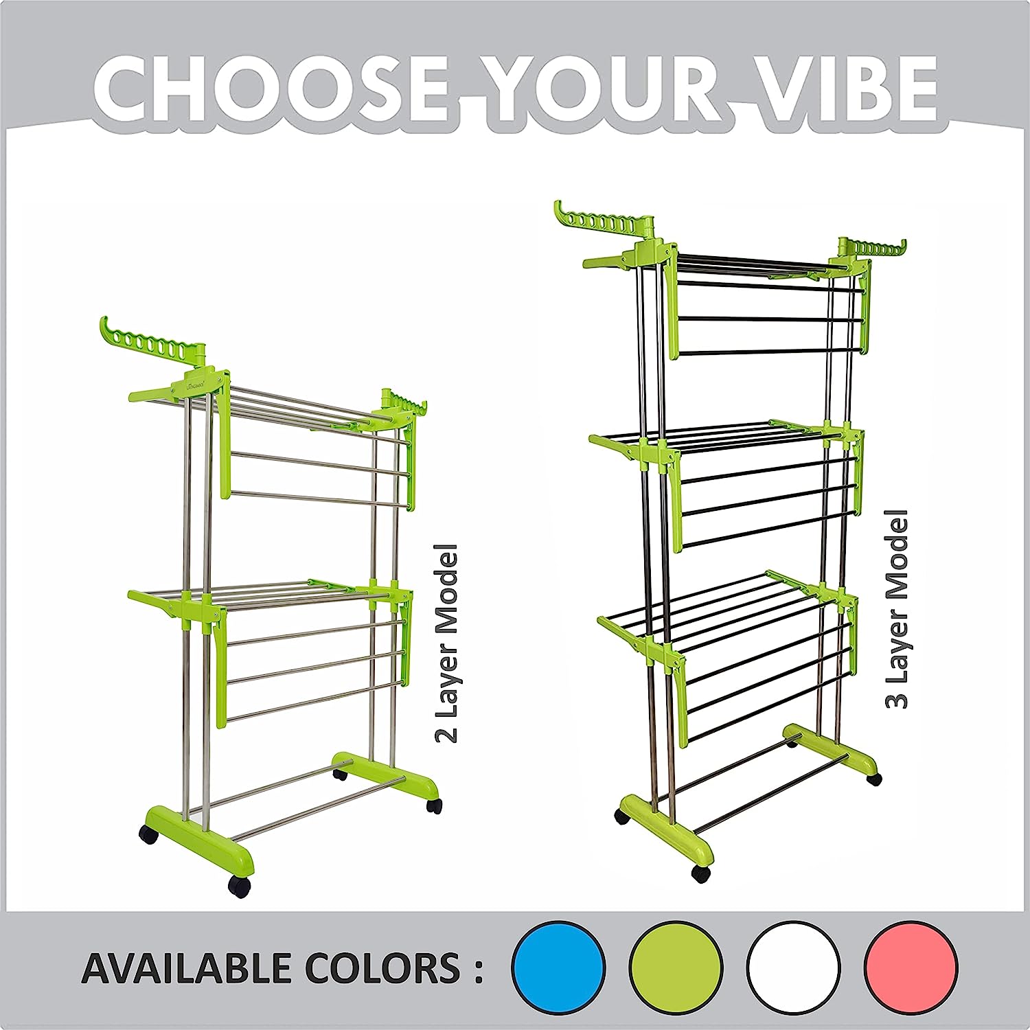 LivingBasics® Heavy Duty Rust-free Double Pole Clothes Drying Racks with Wheels for Indoor/Outdoor/Balcony (COMBO LIME GREEN + ROD CLOTH CLIP)(ABS PLASTIC)
