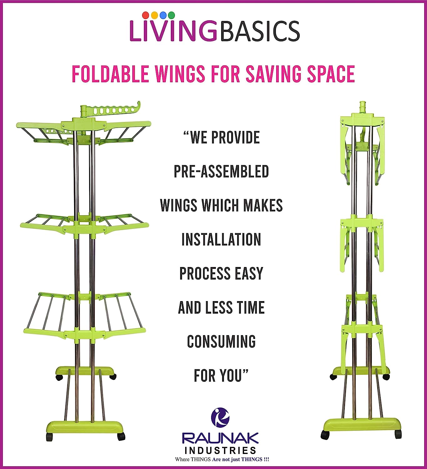 Products LivingBasics Stainless Steel Double Pole Foldable Clothes Drying Stand/Cloth Dryer Stands/Laundry Dry Rack with Wheels for Indoor/Outdoor/Balcony (Lime Green ) (ABS Plastic)