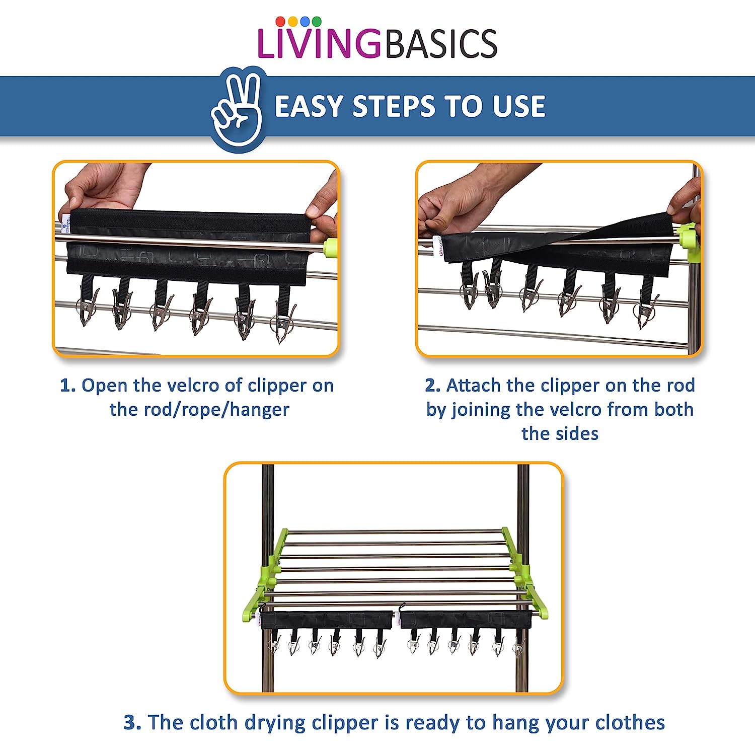 LivingBasics® Heavy Duty Rust-free Double Pole Clothes Drying Racks with Wheels for Indoor/Outdoor/Balcony (COMBO CYAN BLUE + ICON CLOTH CLIP)(ABS PLASTIC)