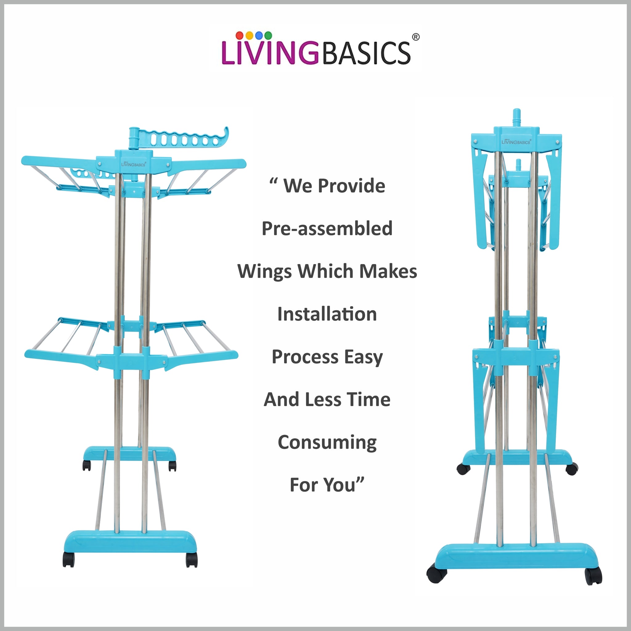 LIVINGBASICS Cloth Drying Stand Rust-Free Stainless Steel & ABS 2 Layer Foldable Clothes Dryer Rack / Folding Laundry Dry Stands with Wheels for Home / Indoor / Outdoor / Balcony (Cyan Blue)