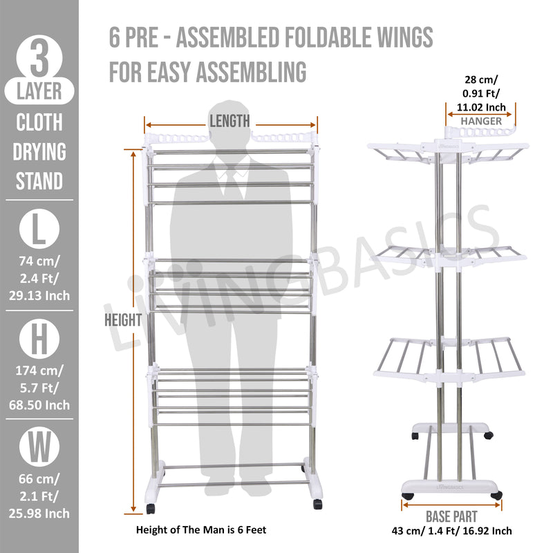 Products LivingBasics Stainless Steel Double Pole Foldable Clothes Drying Stand/Cloth Dryer Stands/Laundry Dry Rack with Wheels for Indoor/Outdoor/Balcony (Snow White) (ABS Plastic)