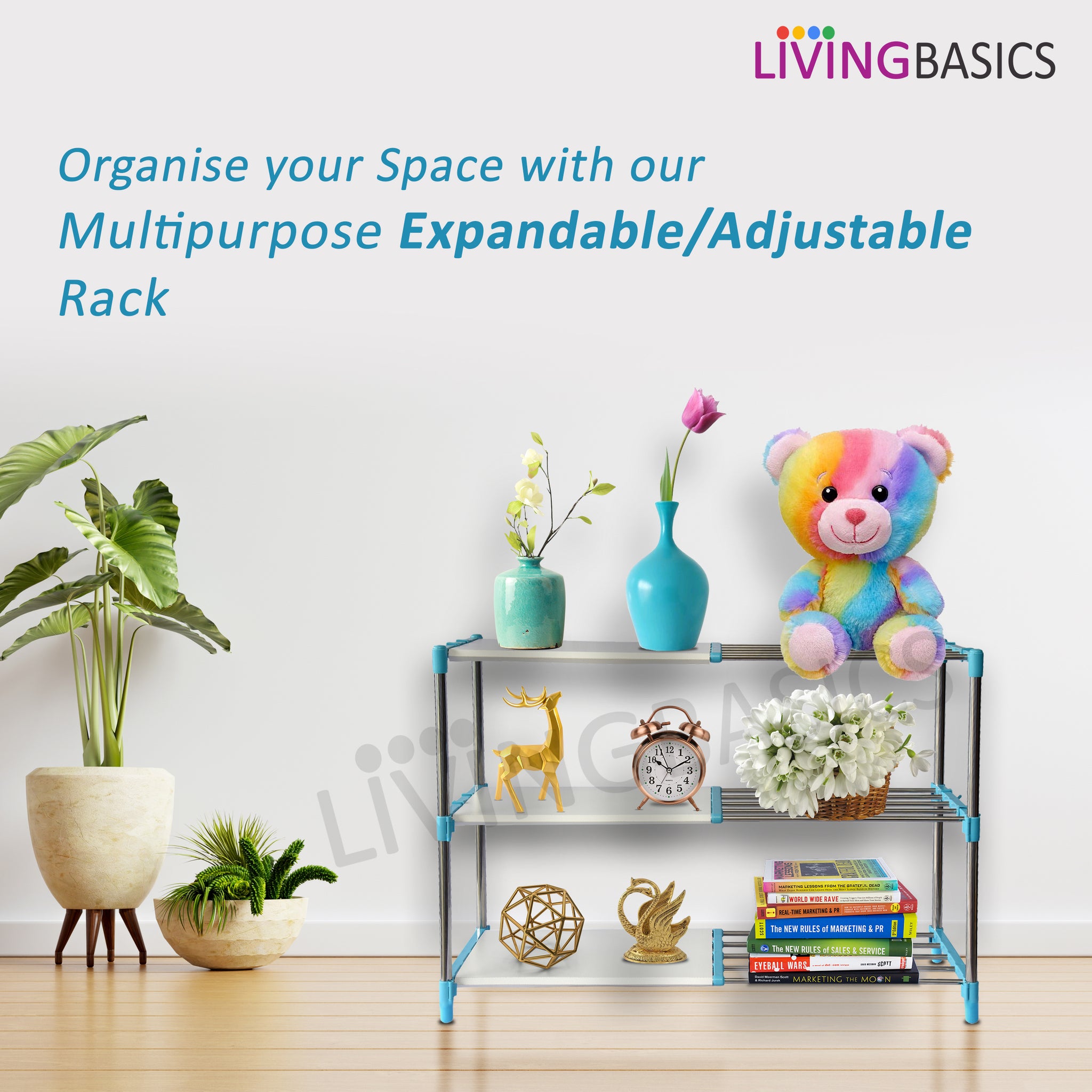 3 Layer Cyan Blue Stainless Steel Adjustable Multipurpose Stand for Storage