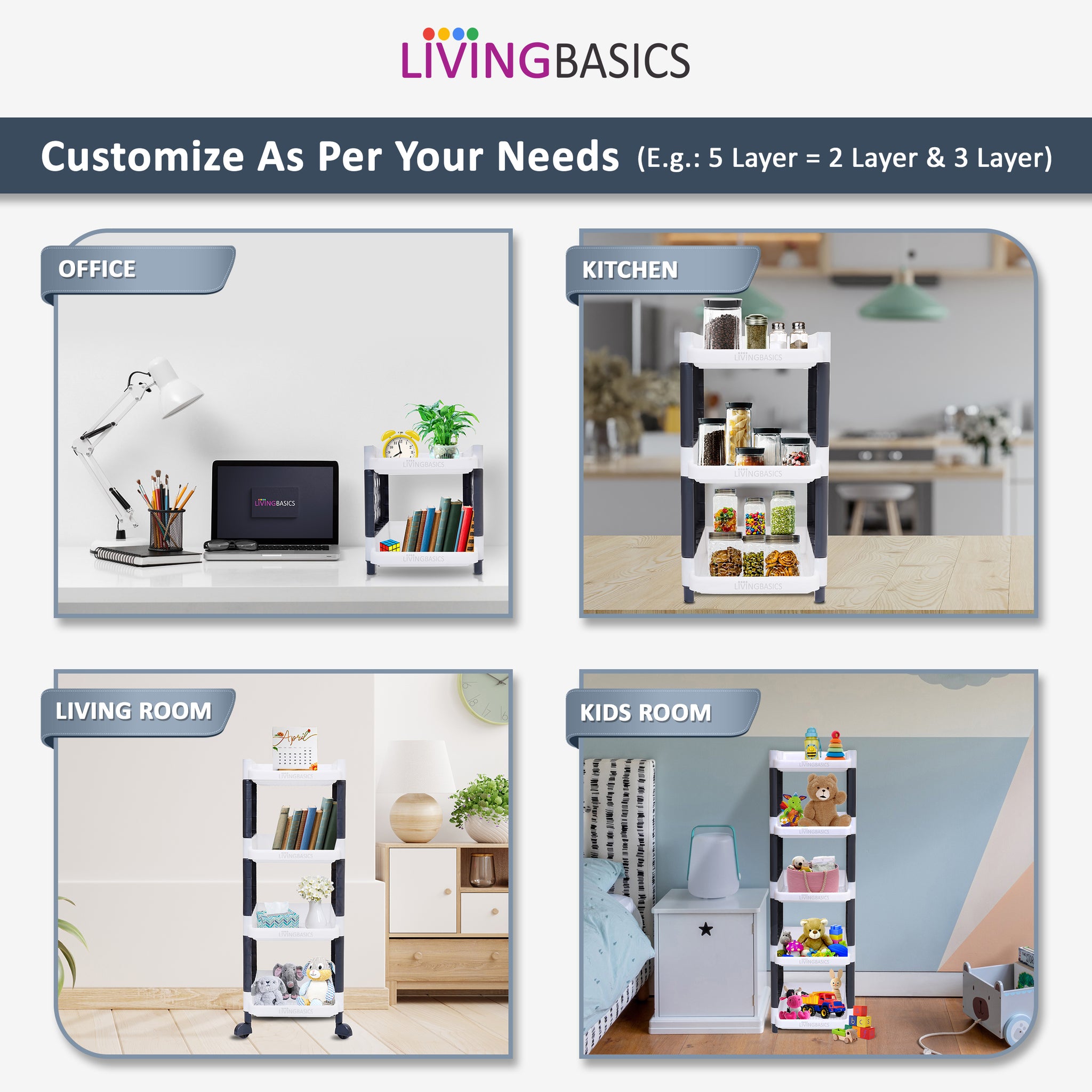 LivingBasics 3 Layer/Tier Multipurpose Plastic Storage Rack/Stand Organizer with Wheels, Space-Saving Utility Trolley for Narrow Places/Kitchen Cart/Vegetable Rack/Corner Shelf/Bedroom/Bathroom/Living Room/Office/Kids Toys (White - Grey)