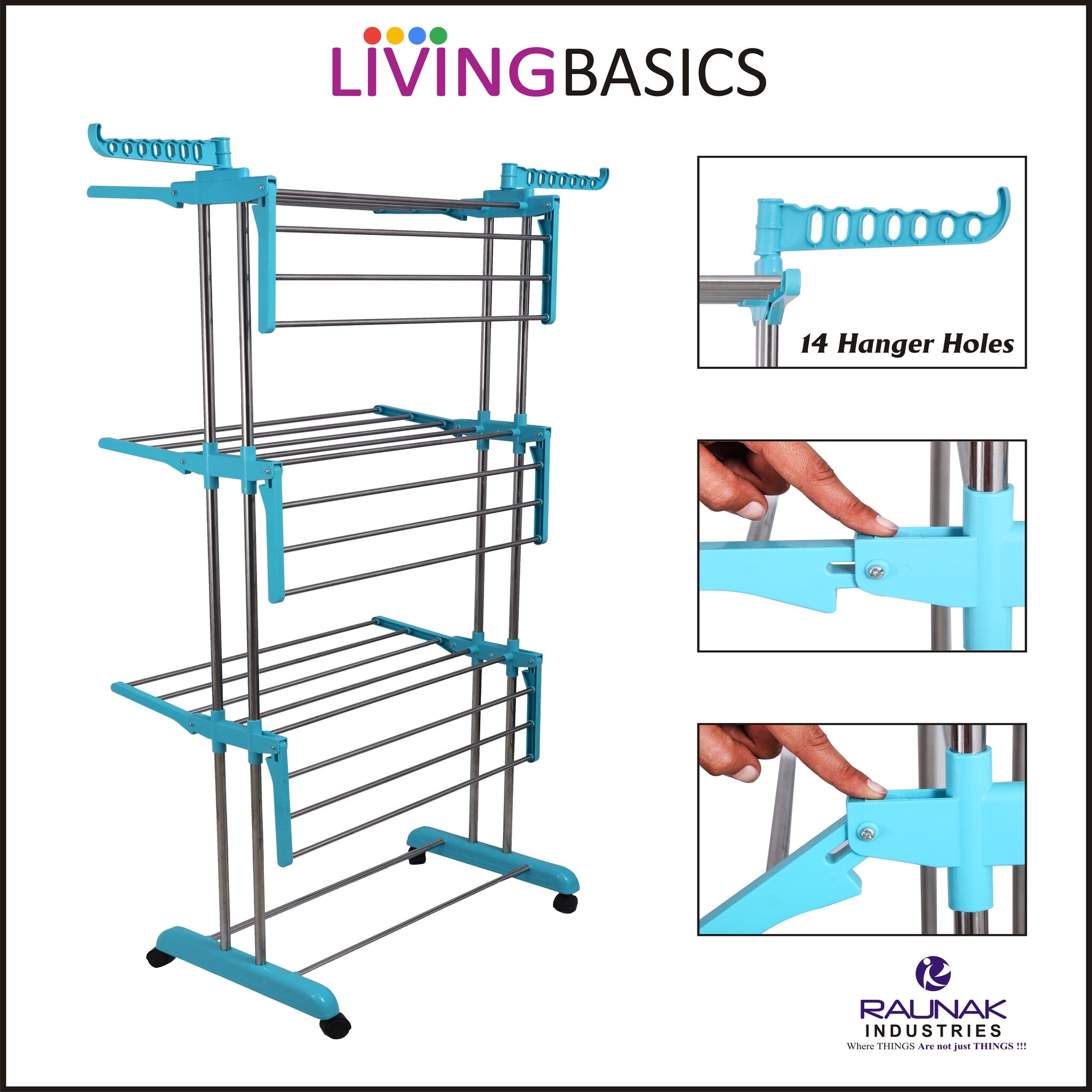 LivingBasics® Heavy Duty Rust-free Double Pole Clothes Drying Racks with Wheels for Indoor/Outdoor/Balcony (COMBO CYAN BLUE + ICON CLOTH CLIP)(ABS PLASTIC)