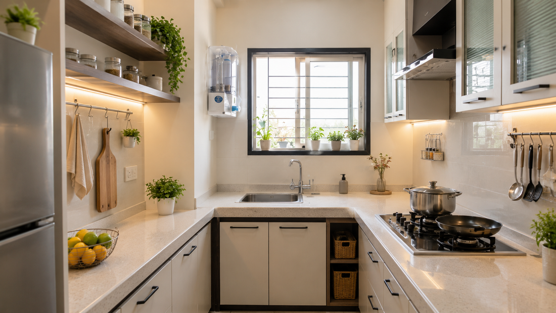 Organised small Indian kitchen with practical storage zones