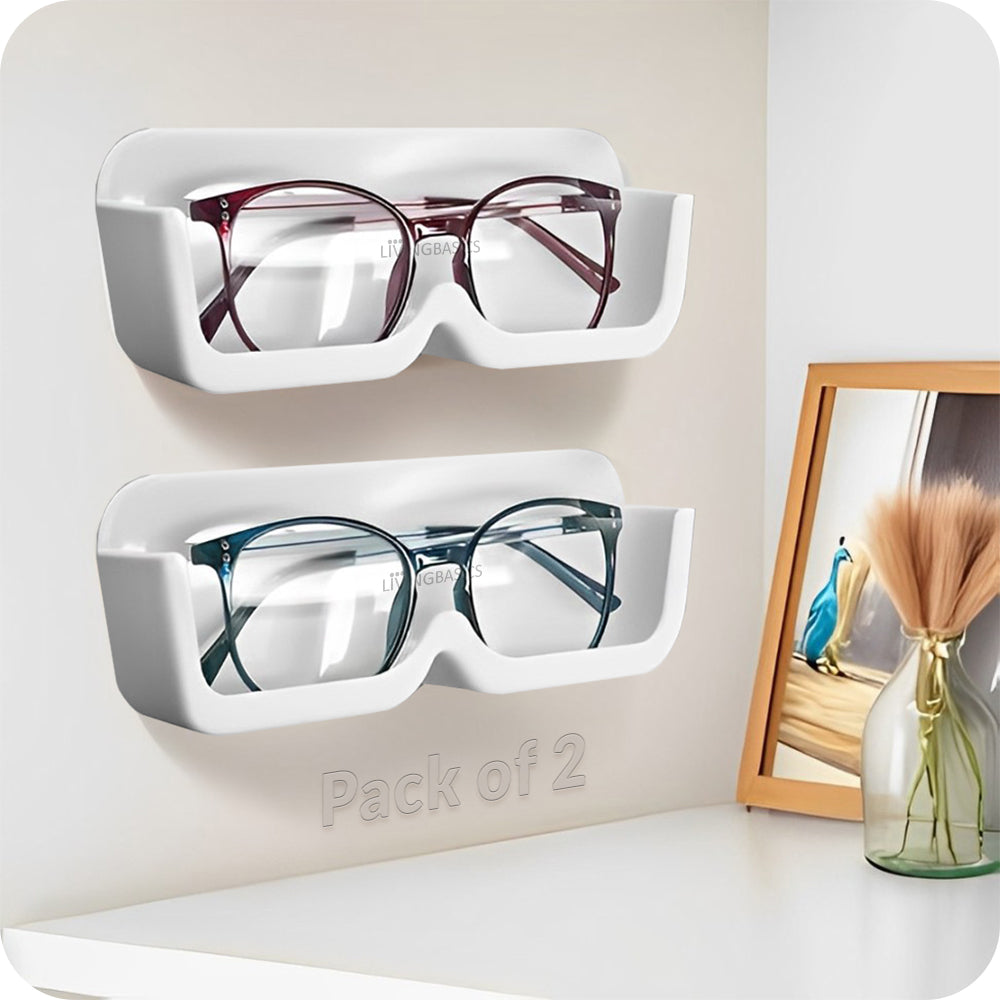 LivingBasics Specs Holder Wall Mounted/Sunglasses Display Case with Adhesive Sticker/ No-Drill Display Stand/ Specs Holder Plastic Case/Eyewear Case Shelving/Glasses Holder Plastic (White, Pack of 2)