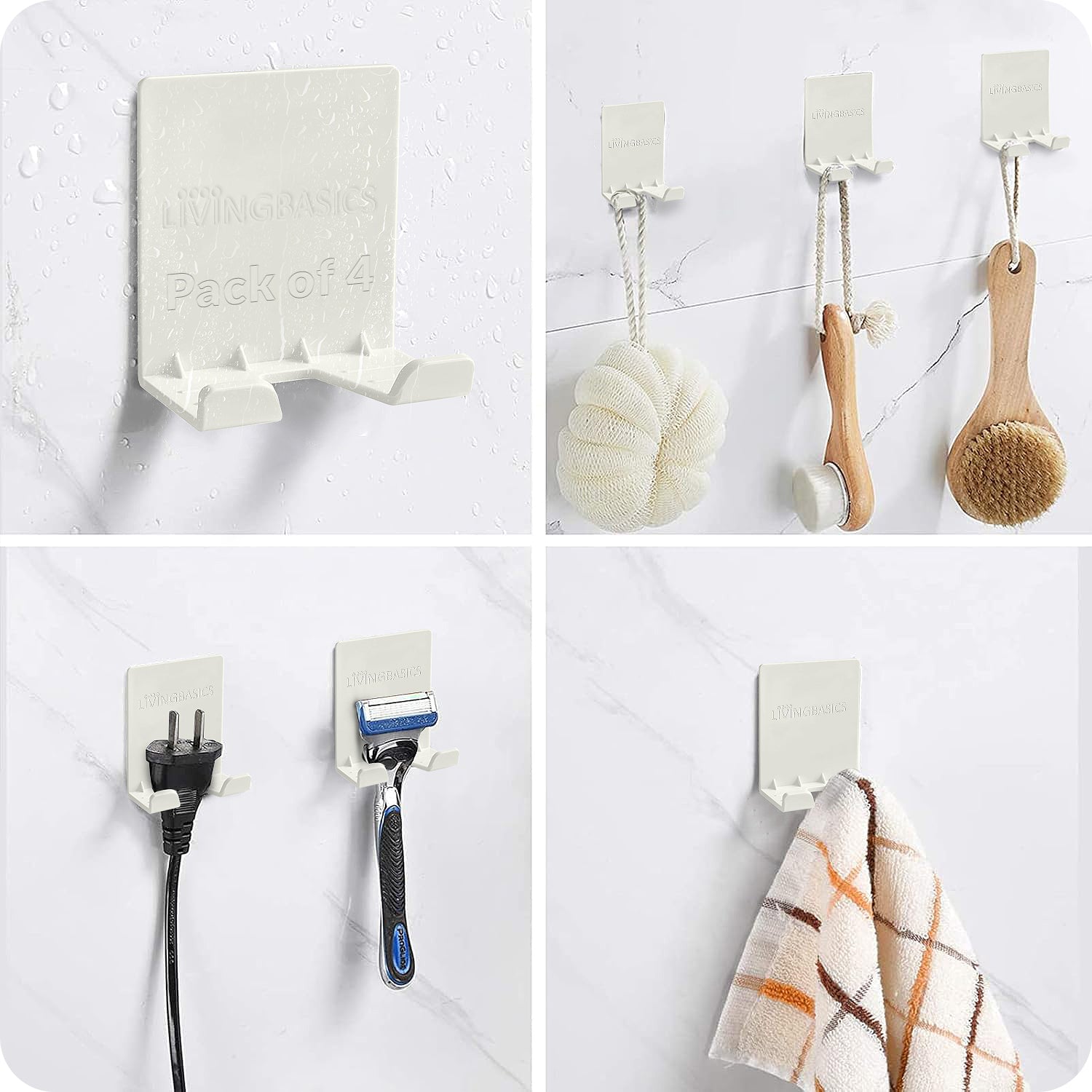 LIVINGBASICS 4 Pcs Self Adhesive Hook/Wall Hanging Hook/Adhesive Wall Hook/Mobile Holder/Phone Holder/Wall Hooks/Razor Holder for Bathroom/Plug Holder/Multipurpose Wall Sticking Hooks
