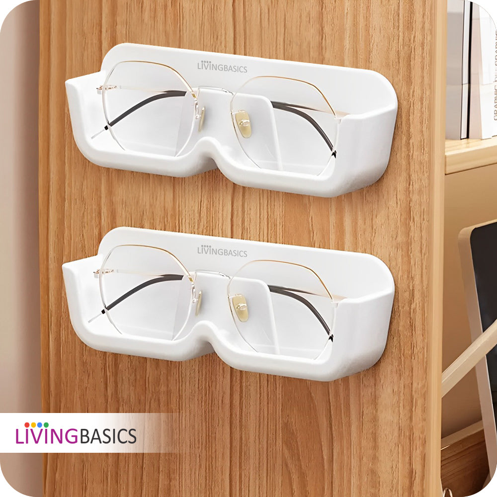 LivingBasics Specs Holder Wall Mounted/Sunglasses Display Case with Adhesive Sticker/ No-Drill Display Stand/ Specs Holder Plastic Case/Eyewear Case Shelving/Glasses Holder Plastic (White, Pack of 2)