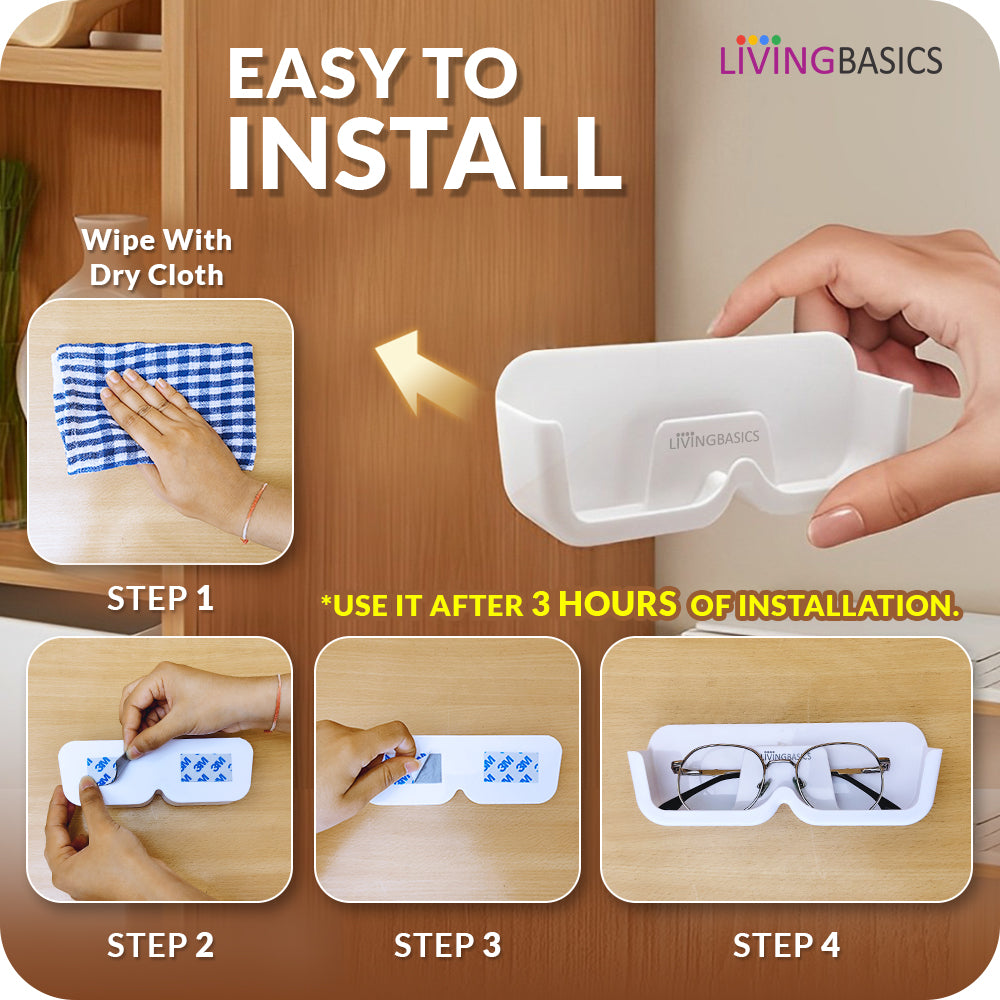 LivingBasics Specs Holder Wall Mounted/Sunglasses Display Case with Adhesive Sticker/ No-Drill Display Stand/ Specs Holder Plastic Case/Eyewear Case Shelving/Glasses Holder Plastic (White, Pack of 2)