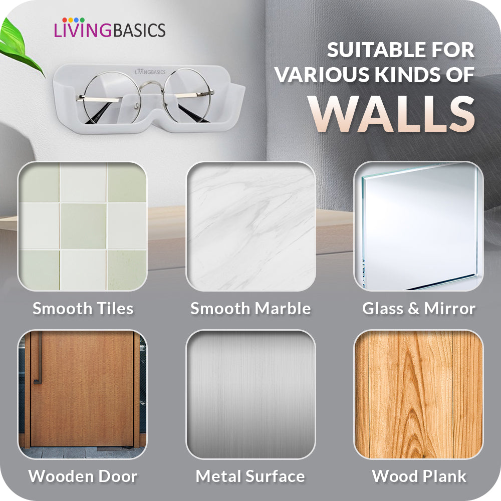 LivingBasics Specs Holder Wall Mounted/Sunglasses Display Case with Adhesive Sticker/ No-Drill Display Stand/ Specs Holder Plastic Case/Eyewear Case Shelving/Glasses Holder Plastic (White, Pack of 2)