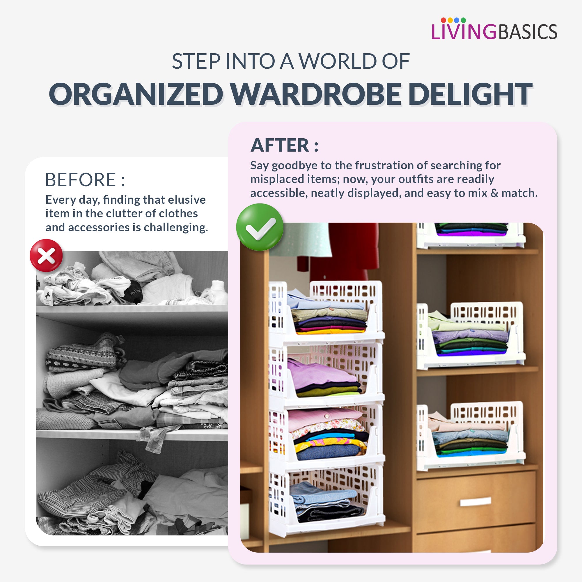 LivingBasics Wardrobe Organizer for Clothes / Stackable & Foldable Closet Organiser