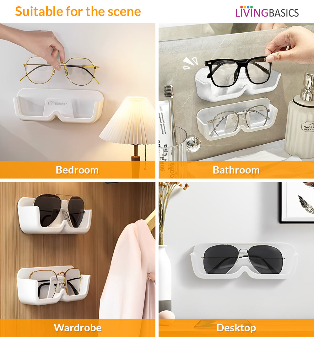 LivingBasics Specs Holder Wall Mounted/Sunglasses Display Case with Adhesive Sticker/ No-Drill Display Stand/ Specs Holder Plastic Case/Eyewear Case Shelving/Glasses Holder Plastic (White, Pack of 2)