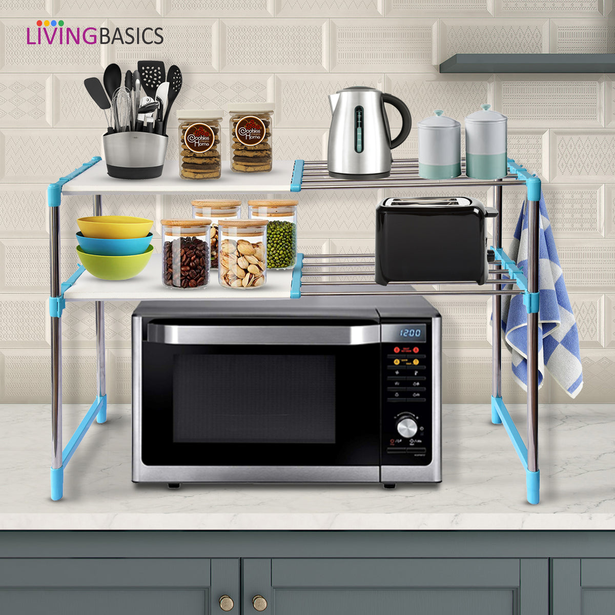 2 Layer Cyan Blue Stainless Steel Adjustable Multipurpose Stand for Storage