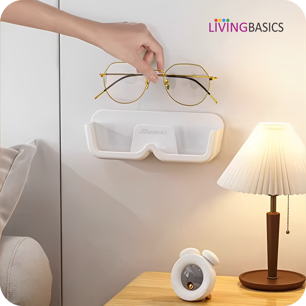LivingBasics Specs Holder Wall Mounted/Sunglasses Display Case with Adhesive Sticker/ No-Drill Display Stand/ Specs Holder Plastic Case/Eyewear Case Shelving/Glasses Holder Plastic (White, Pack of 2)