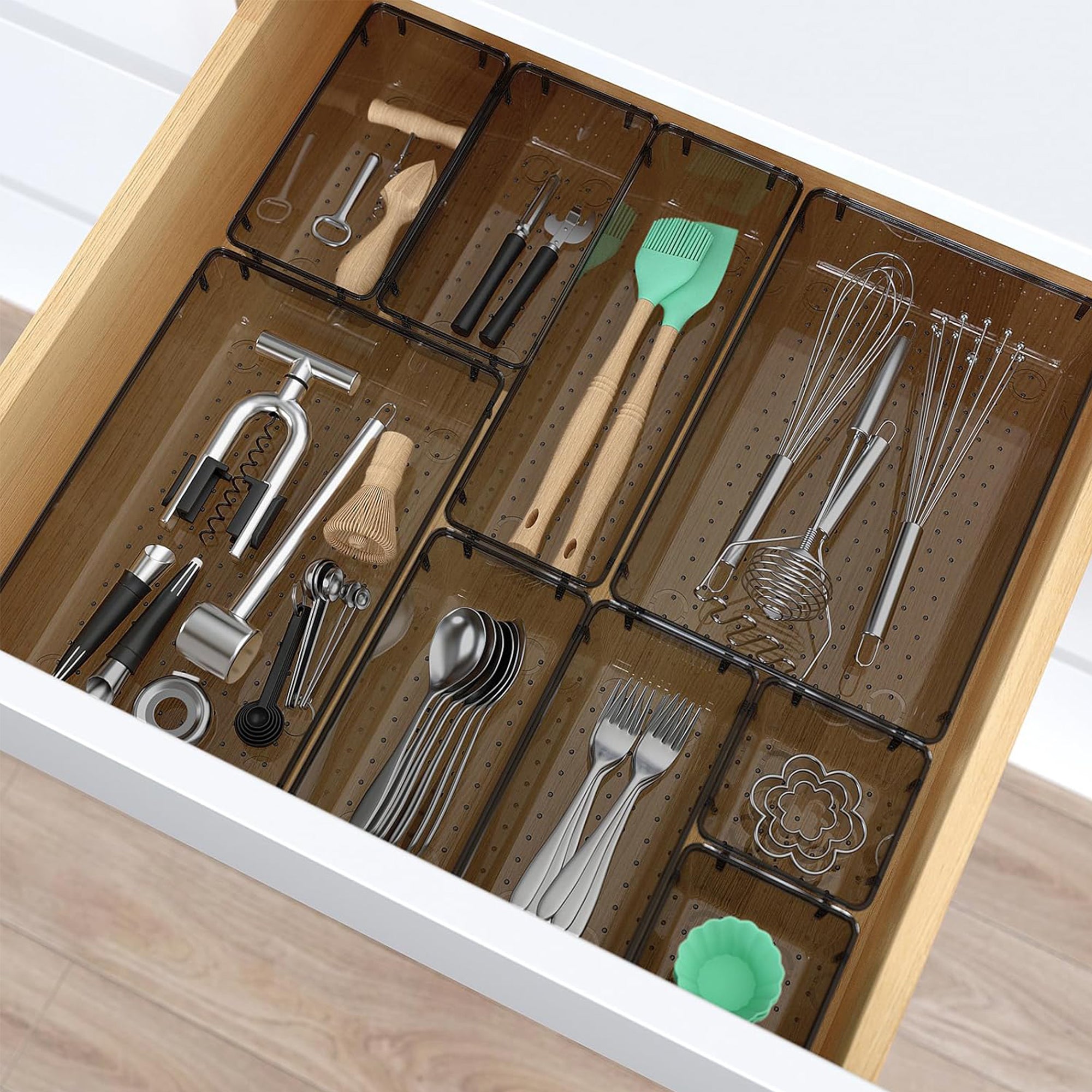 LIVINGBASICS 6 Pcs Unbreakable Kitchen Drawer Organizer/Drawers Organisers/Make up Organiser/Drawer Divider Tray/Makeup Dresser Tray/Dressing Table Organiser (Transparent Black)