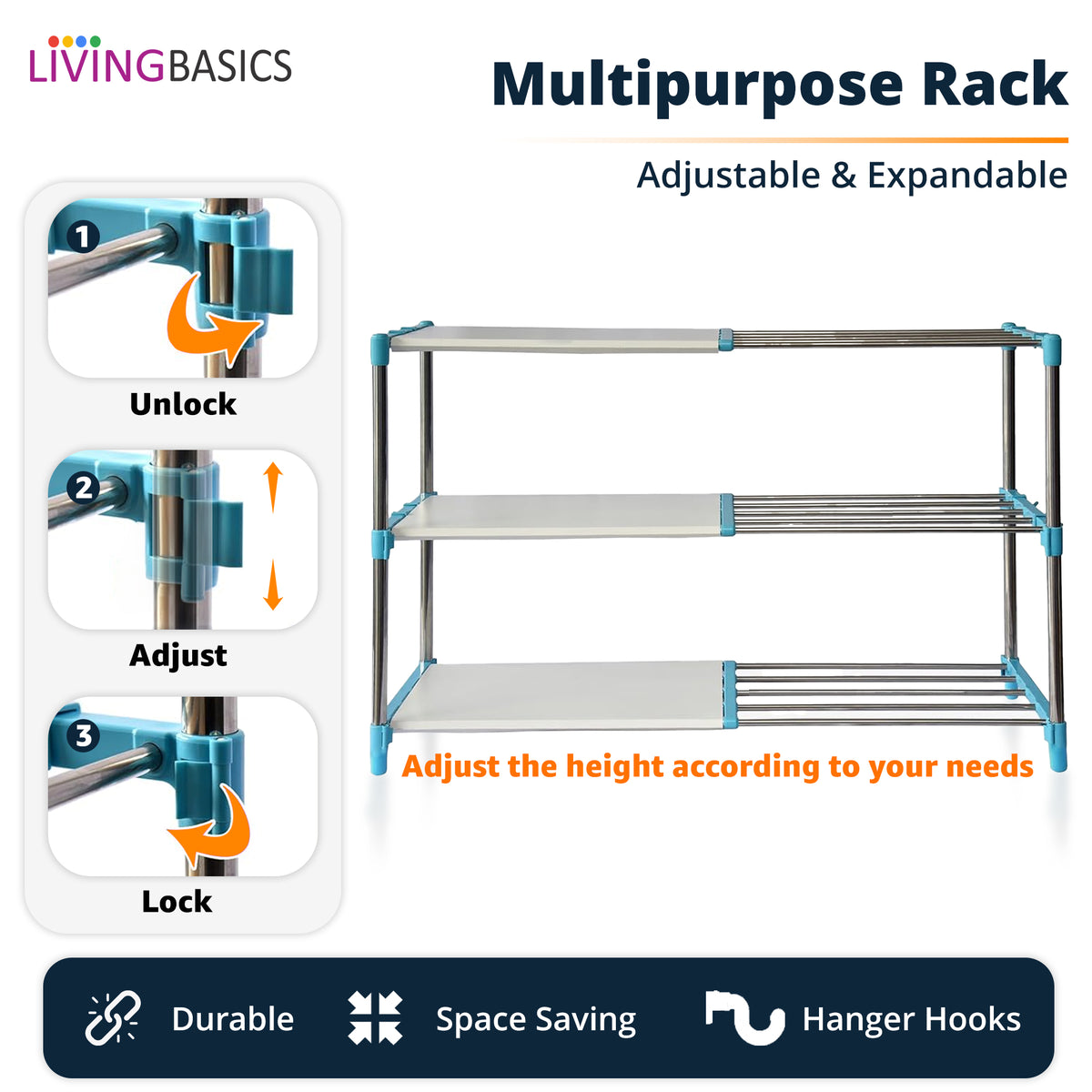 3 Layer Stainless Steel Adjustable Multipurpose Stand for Storage