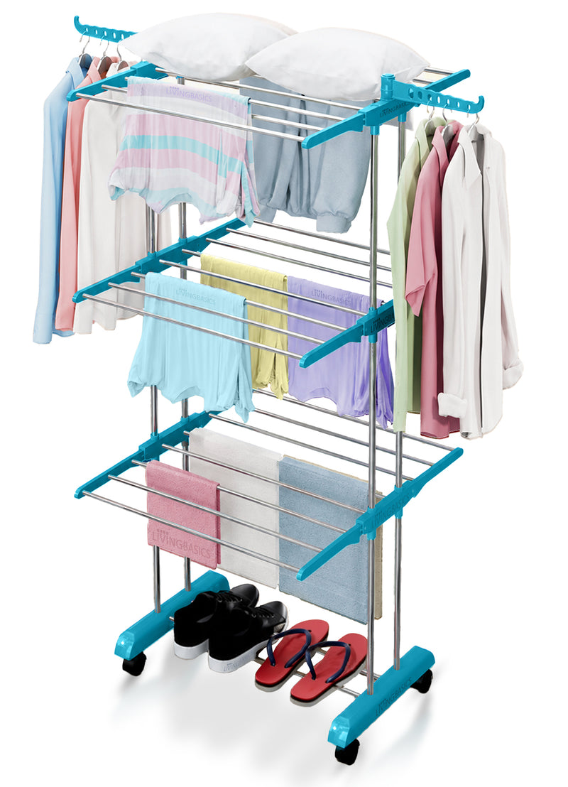 LivingBasics Stainless Steel Double Pole Foldable Clothes Drying Stand/Cloth Dryer Stands/Laundry Dry Rack with Wheels for Indoor/Outdoor/Balcony (Cyan Blue) (ABS Plastic)