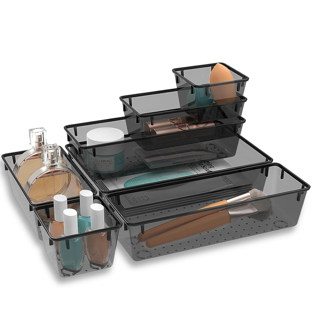 LIVINGBASICS 6 Pcs Unbreakable Kitchen Drawer Organizer/Drawers Organisers/Make up Organiser/Drawer Divider Tray/Makeup Dresser Tray/Dressing Table Organiser (Transparent Black)